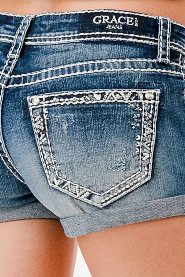 Border Embroidery Detail Mid Rise Denim Shorts Grace in LA - Denim