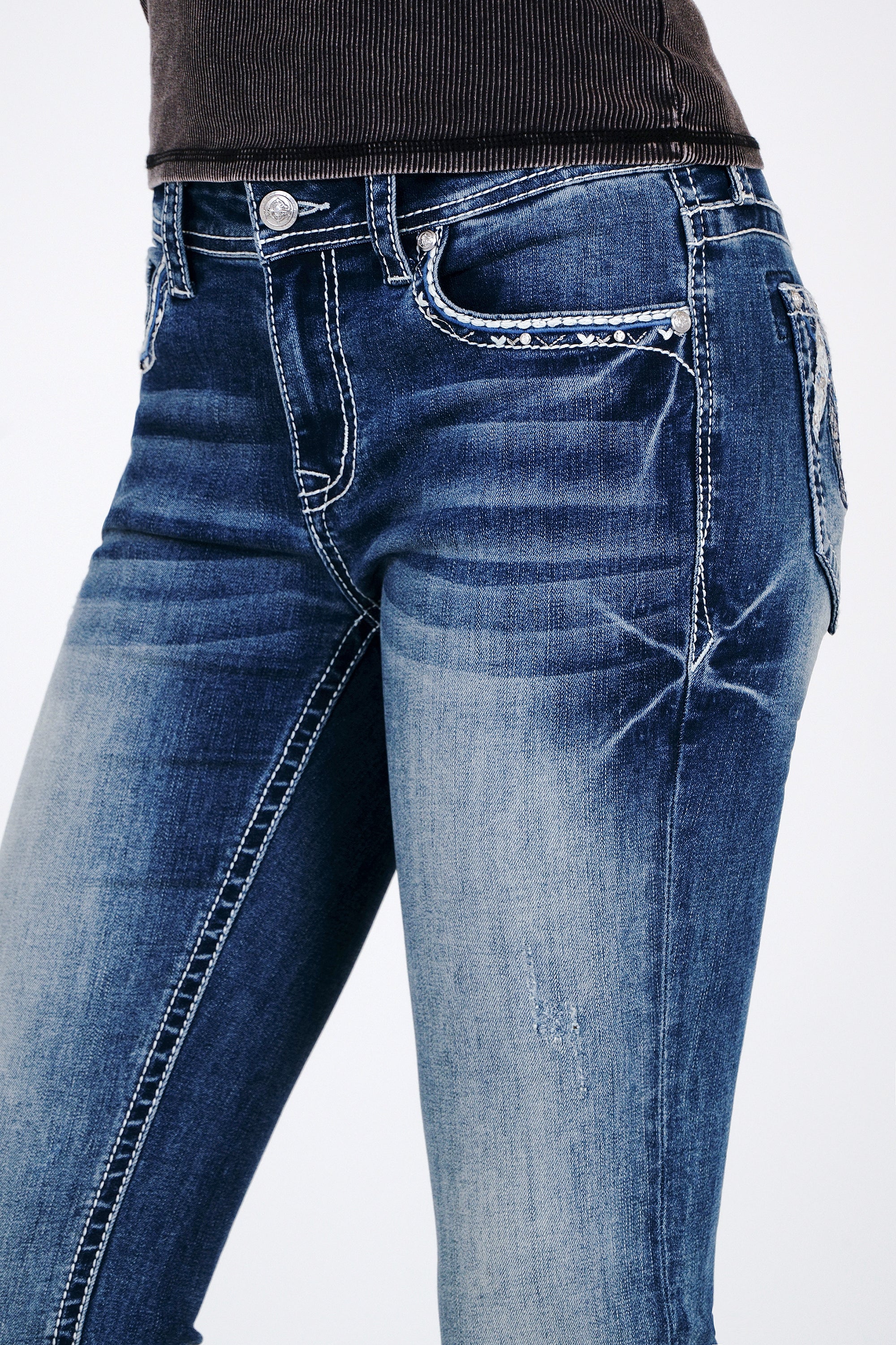 Feather Embroidery Mid Rise Bootcut Jeans