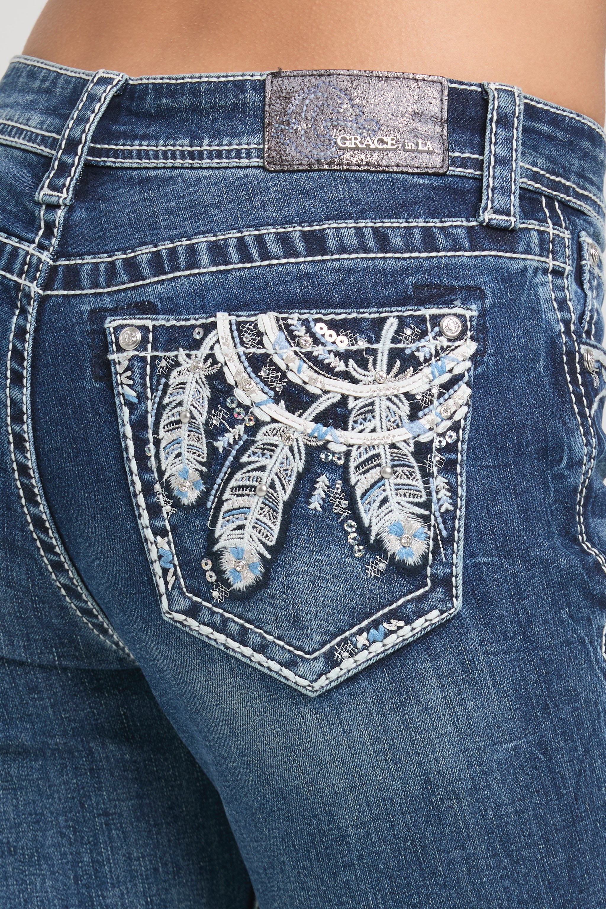 Feather Embroidery Mid Rise Bootcut Jeans Grace in LA - Denim