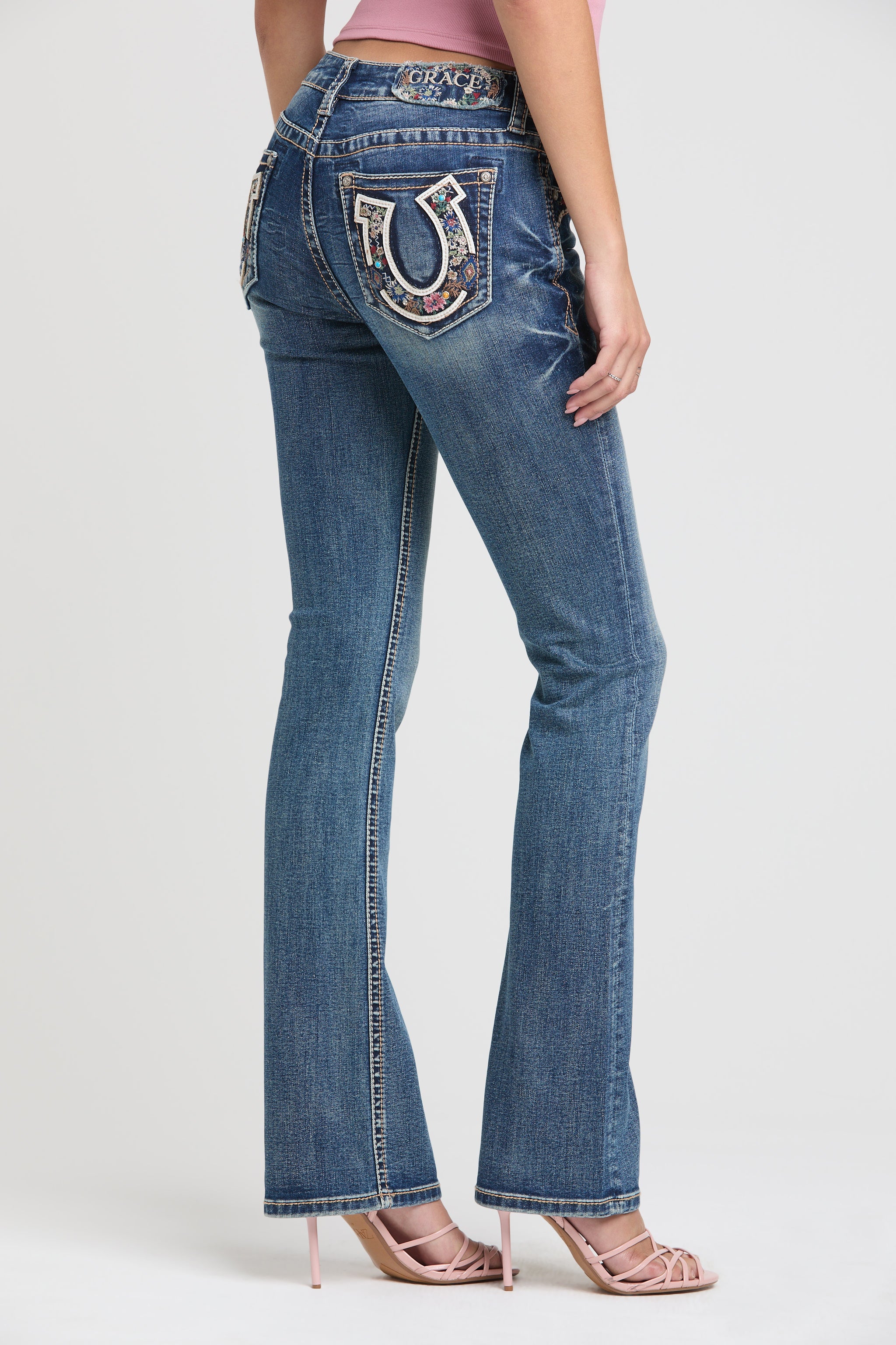 Horse Shoe/Floral Embroidery Mid Rise Bootcut Embroidered Jeans