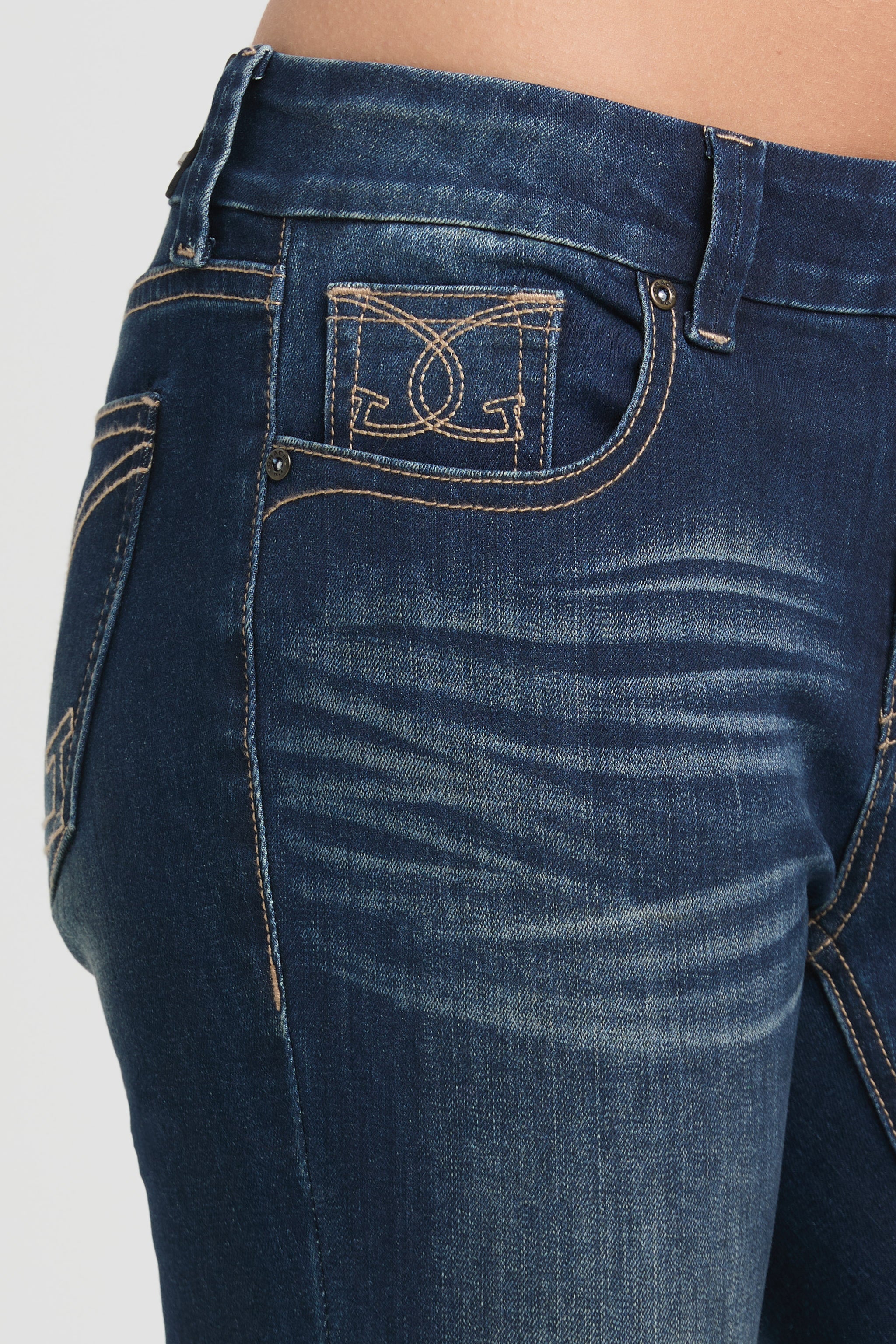 Grace in LA embroidered jeans women featuring a classic dark denim coin pocket with tan interlocking G logo stitching.