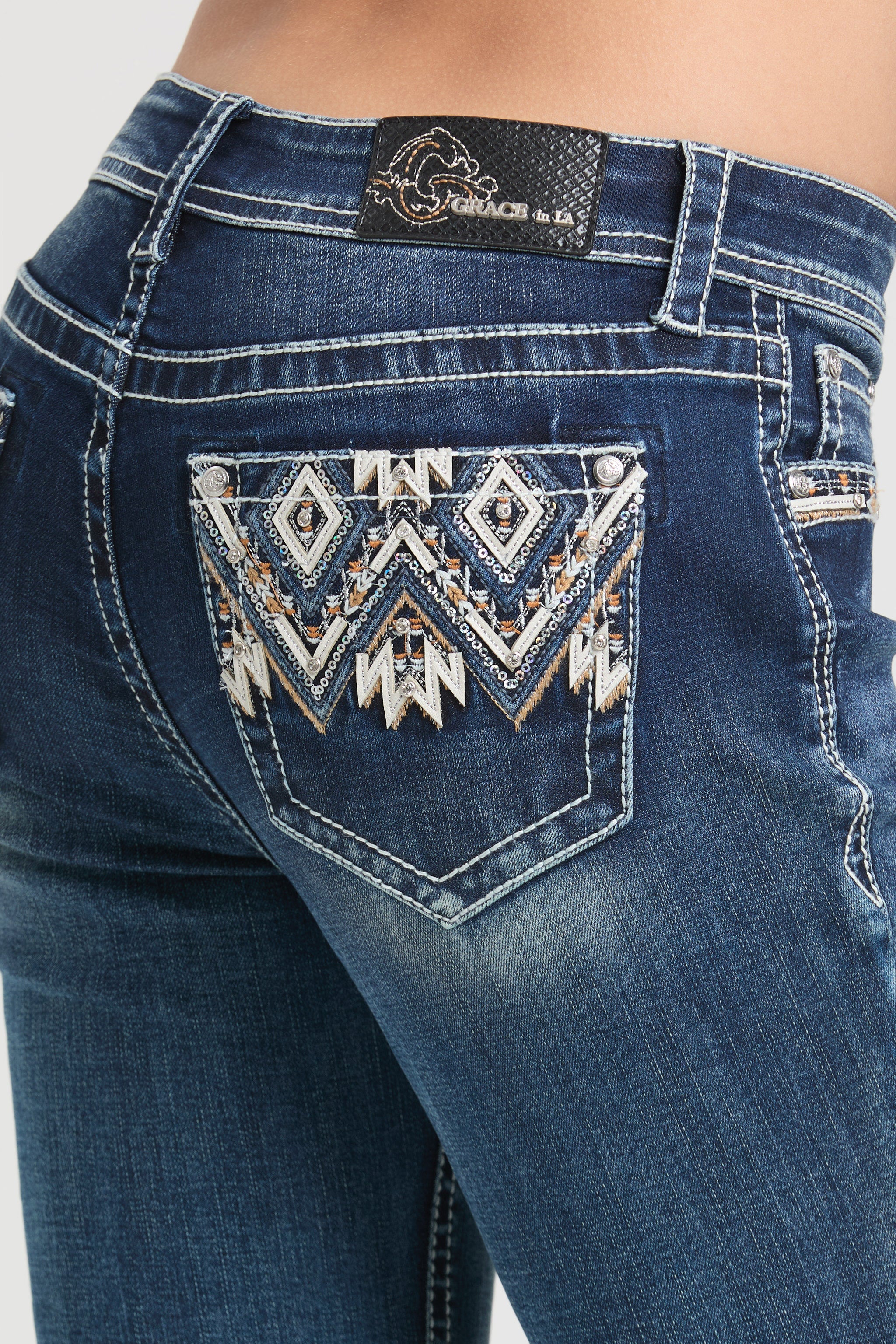 Aztec Embroidery Mid Rise Bootcut Jeans Grace in LA - Denim