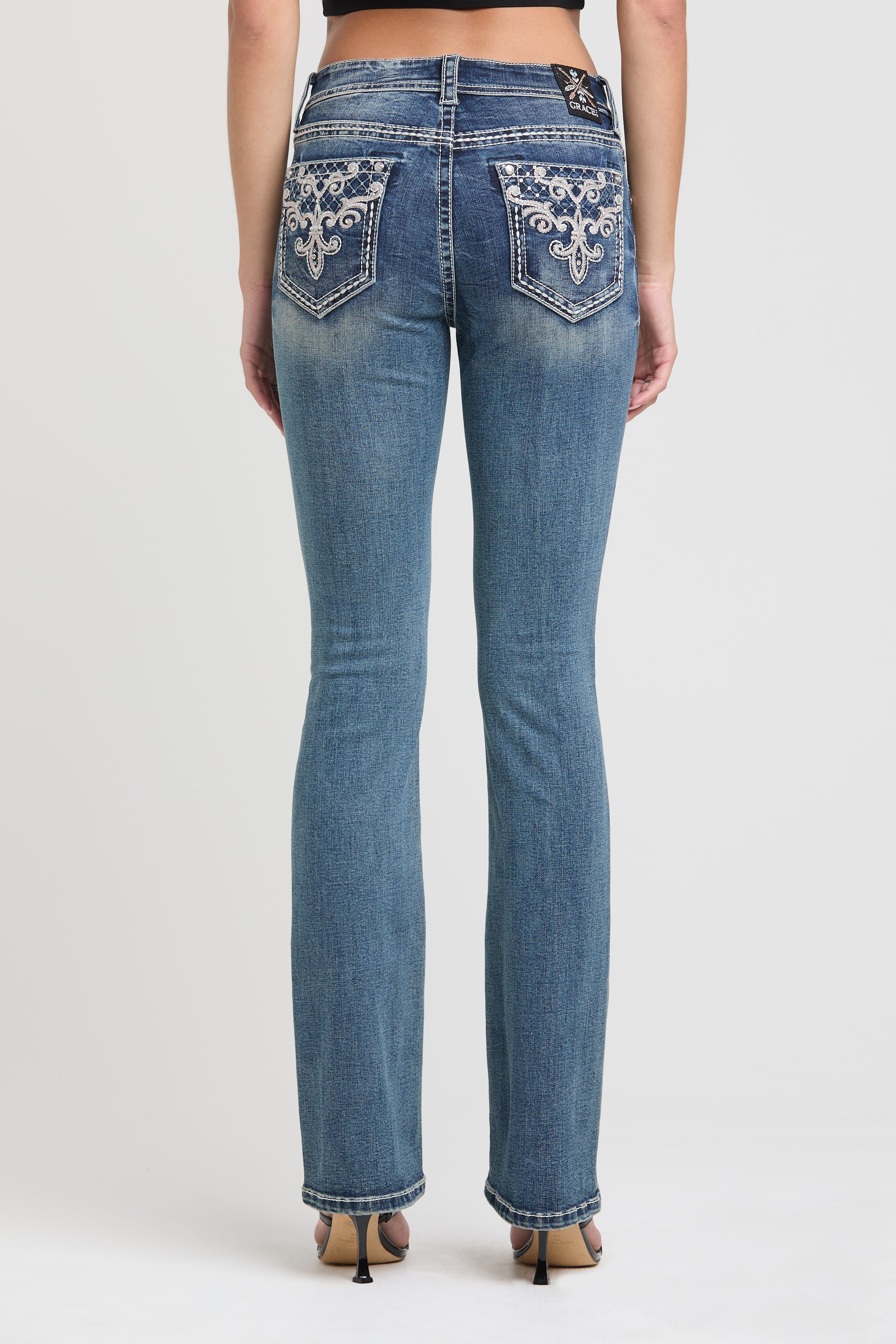 Embellished bootcut jeans straight rear view of Grace in LA featuring symmetrical pocket stitching.