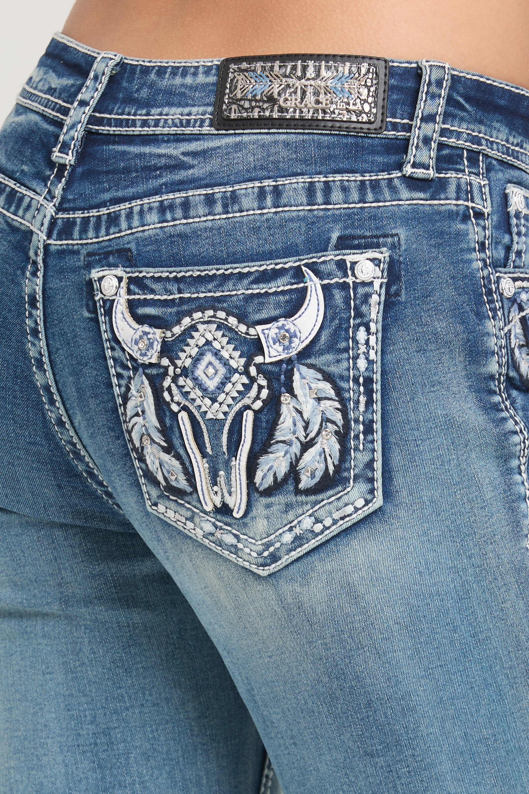 Steer Head Mid Rise Bootcut Embroidered Jeans Grace in LA