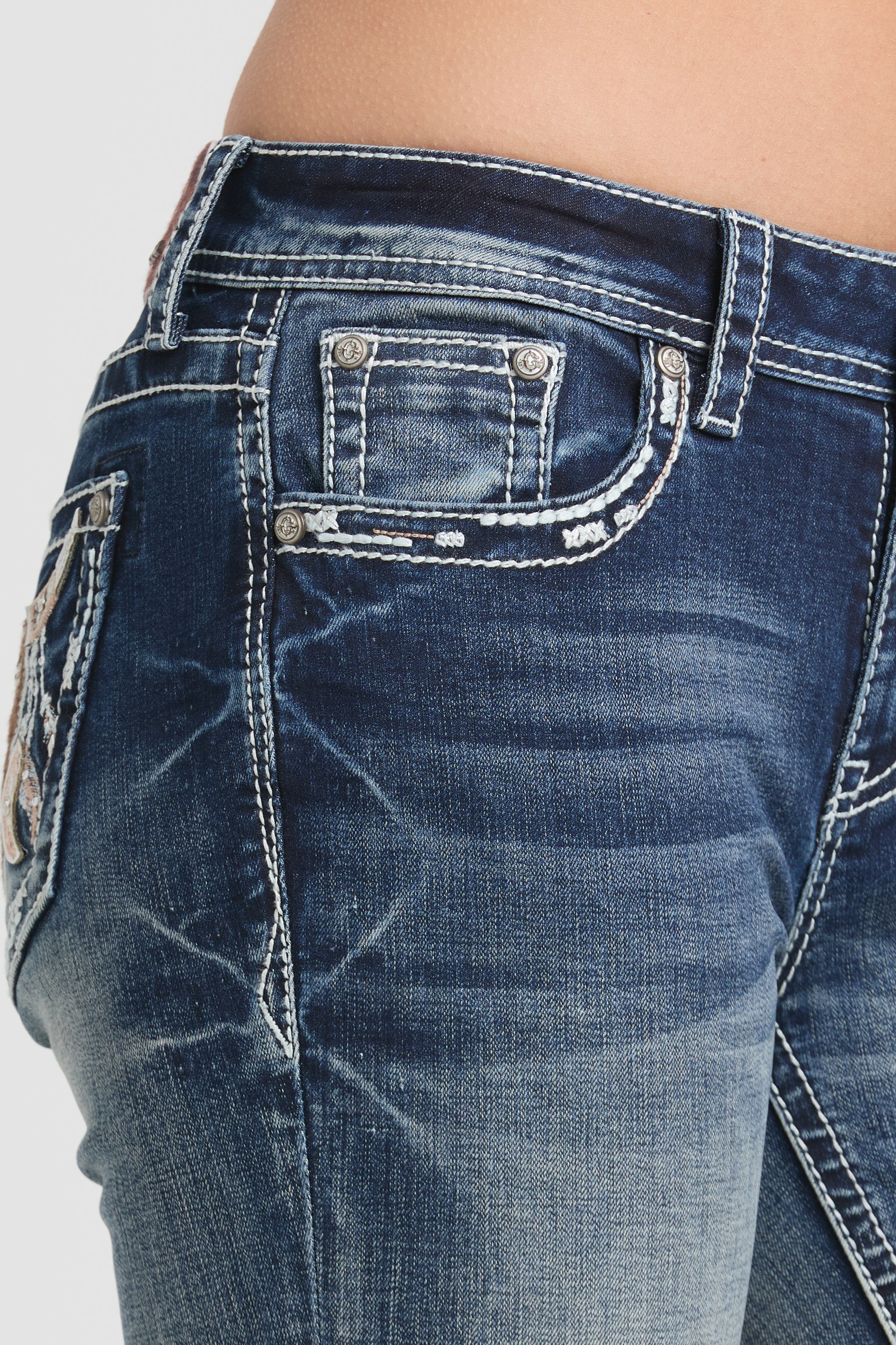 Grace in LA Women's Western Denim - Close-up Side View of Dark Wash Jeans with Whiskering and Crystal Studded Front Pockets