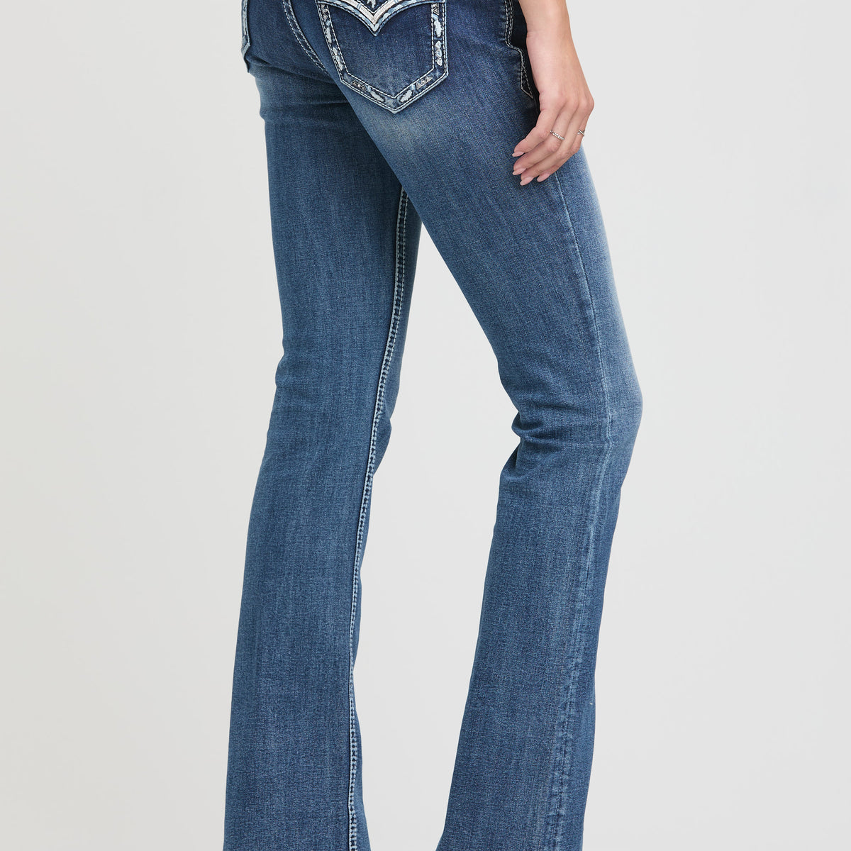 Mijiko Waxed Flare Bootcut Denim Aztec Embroidery Mid Rise Bootcut 
