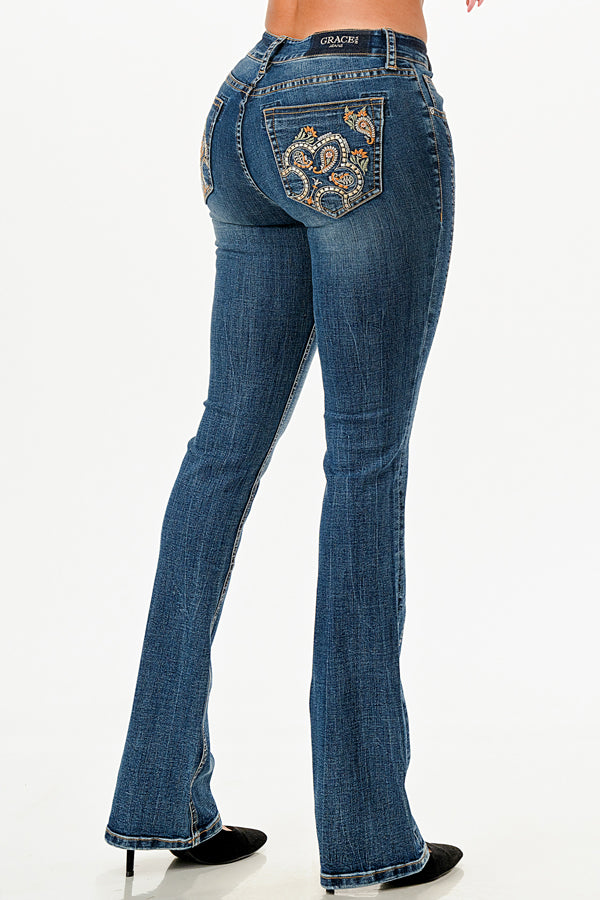 Floral Embroidery Bootcut Jeans Grace in LA