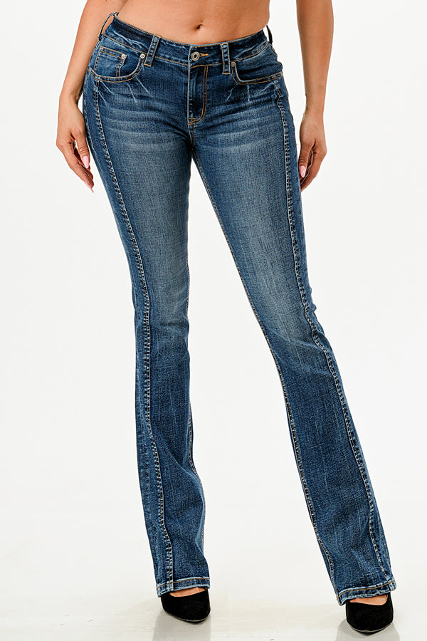 Grace in LA western jeans for women featuring a dark wash bootcut silhouette with vertical front seam paneling and classic whiskering.