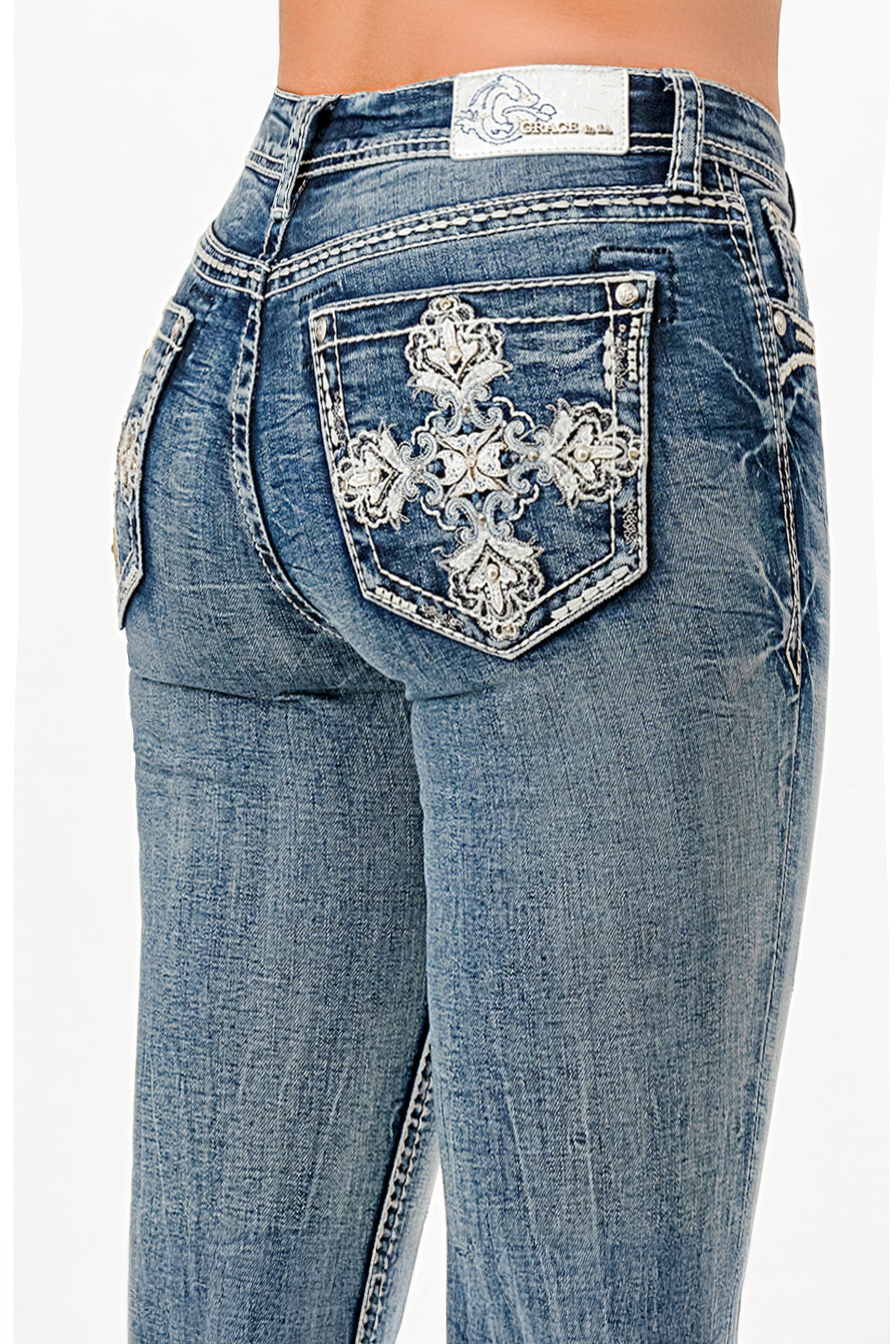 Crystalized Cross Mid Rise Bootcut Jeans Grace in LA