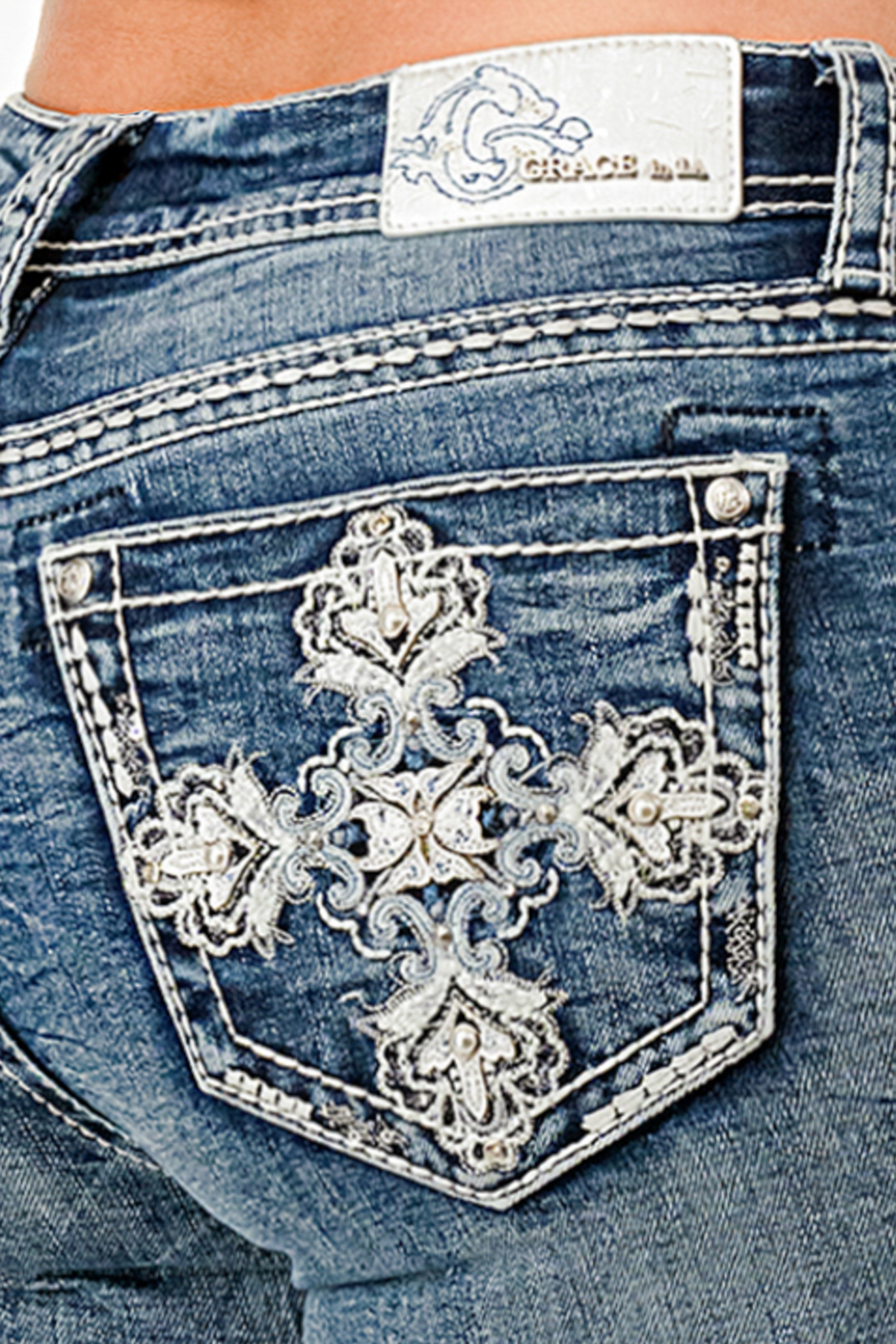 Crystalized Cross Mid Rise Bootcut Jeans Grace in LA