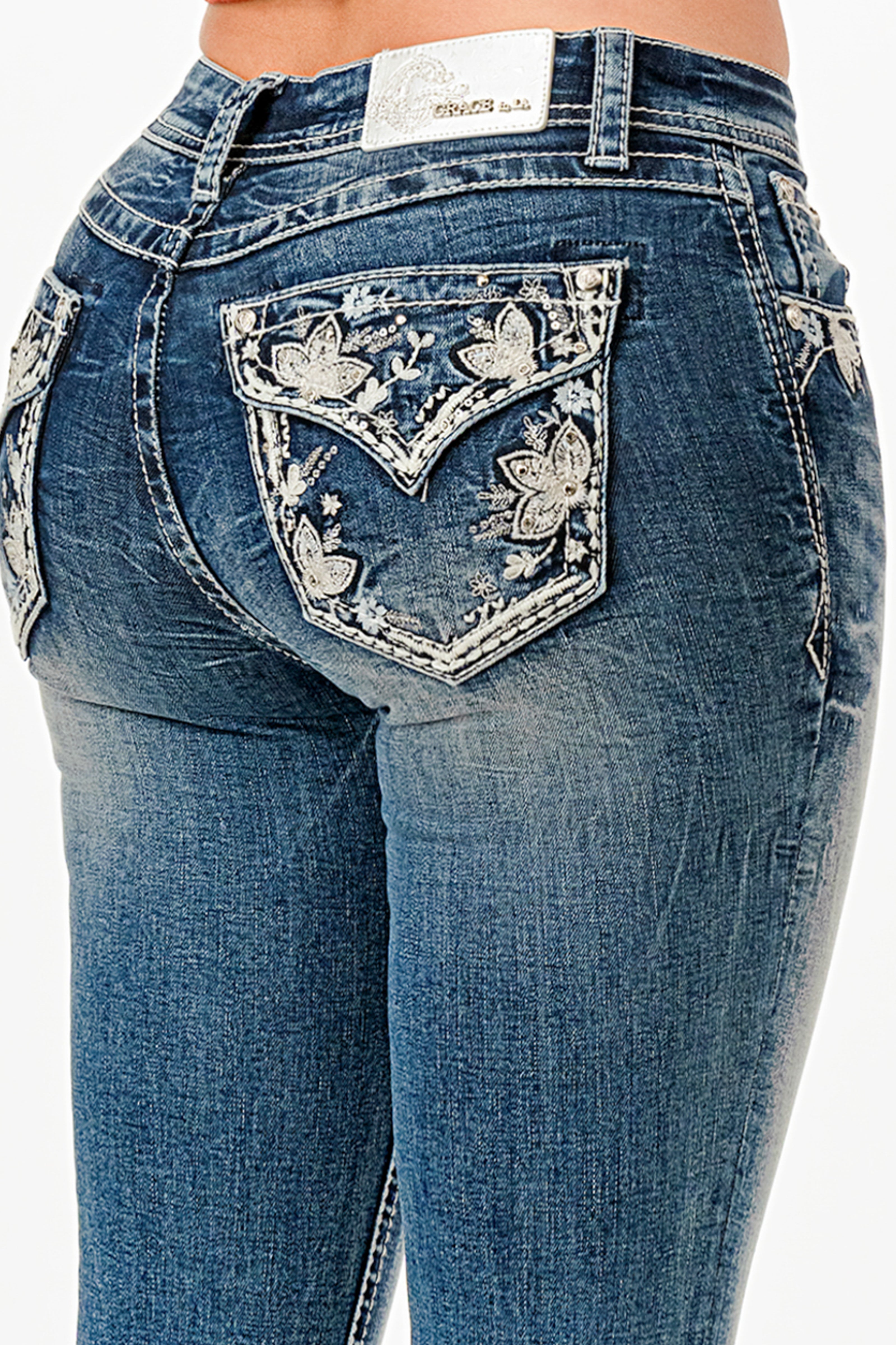 Floral Faux Flap Mid Rise Bootcut Jeans Grace in LA