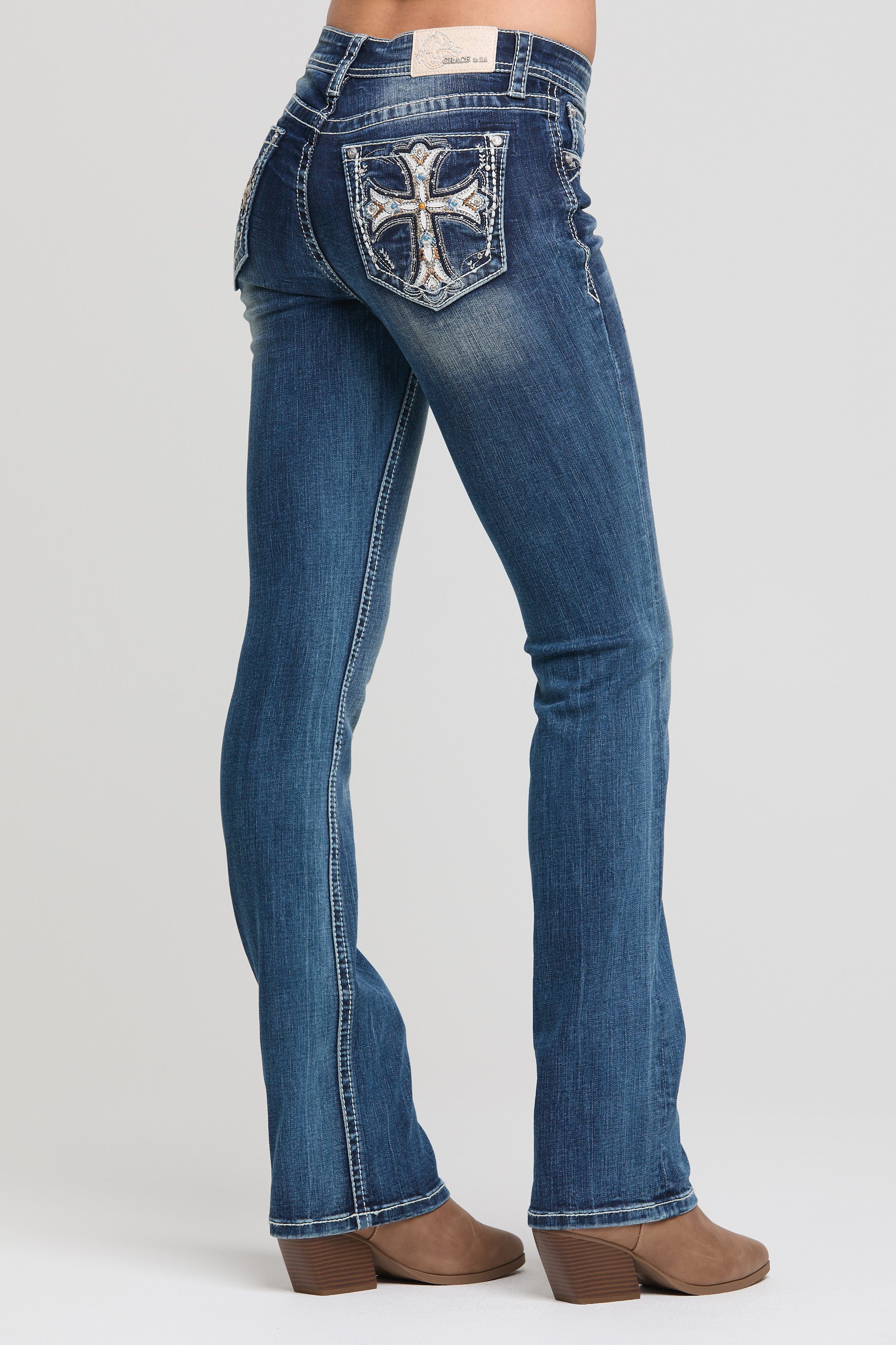 Women's Western Embroidered Jeans with Bedazzled Pocket Detail - Grace in LA Premium Denim