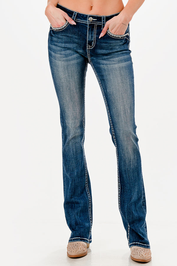 Grace in LA womens bootcut jeans with rhinestone curved front pocket trim and medium wash denim fit.