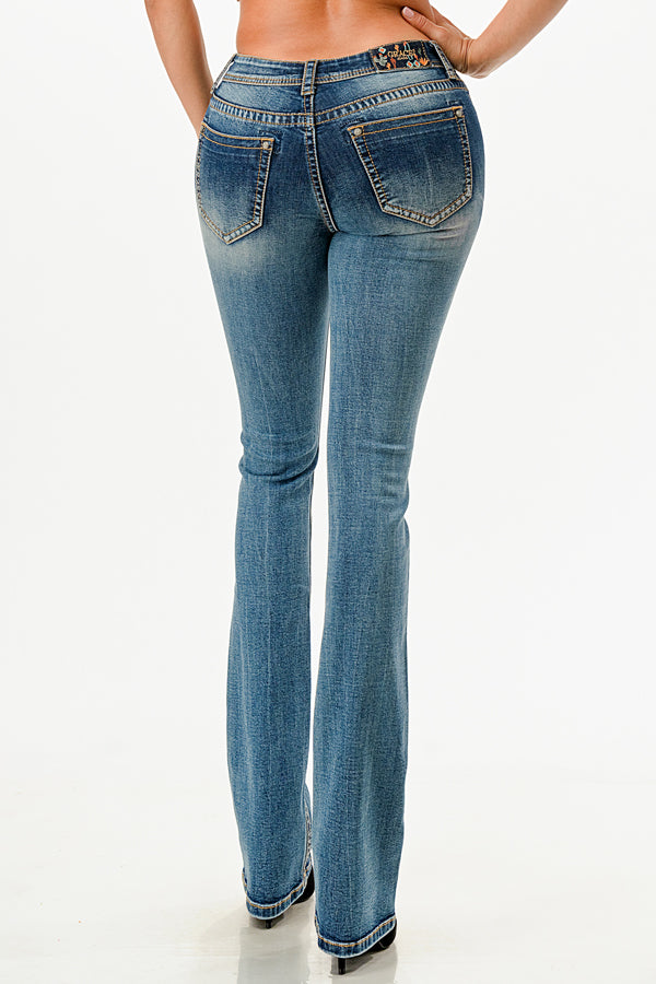 Grace in LA womens bootcut jeans with light wash denim and western rhinestone arrowhead embroidered back pockets.