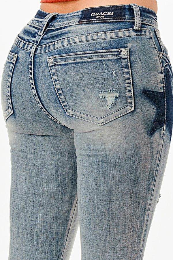 Stars Printing Low Rise Bootcut Jeans
