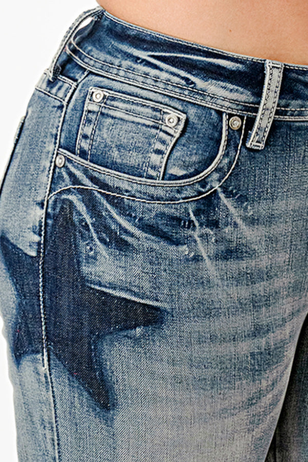 Stars Printing Low Rise Bootcut Jeans
