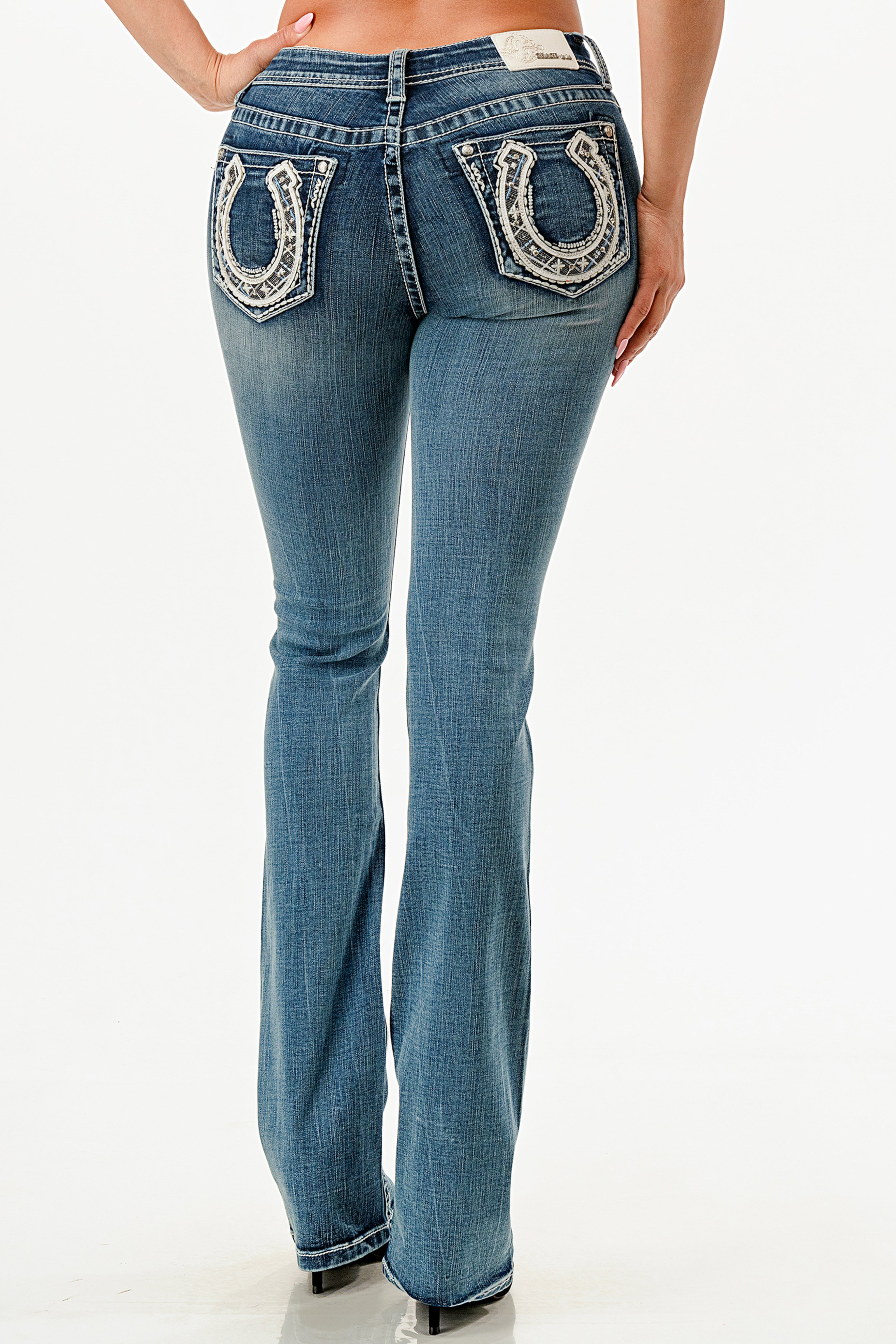 Horse Shoe Mid Rise Embellished Bootcut Jeans Grace in LA