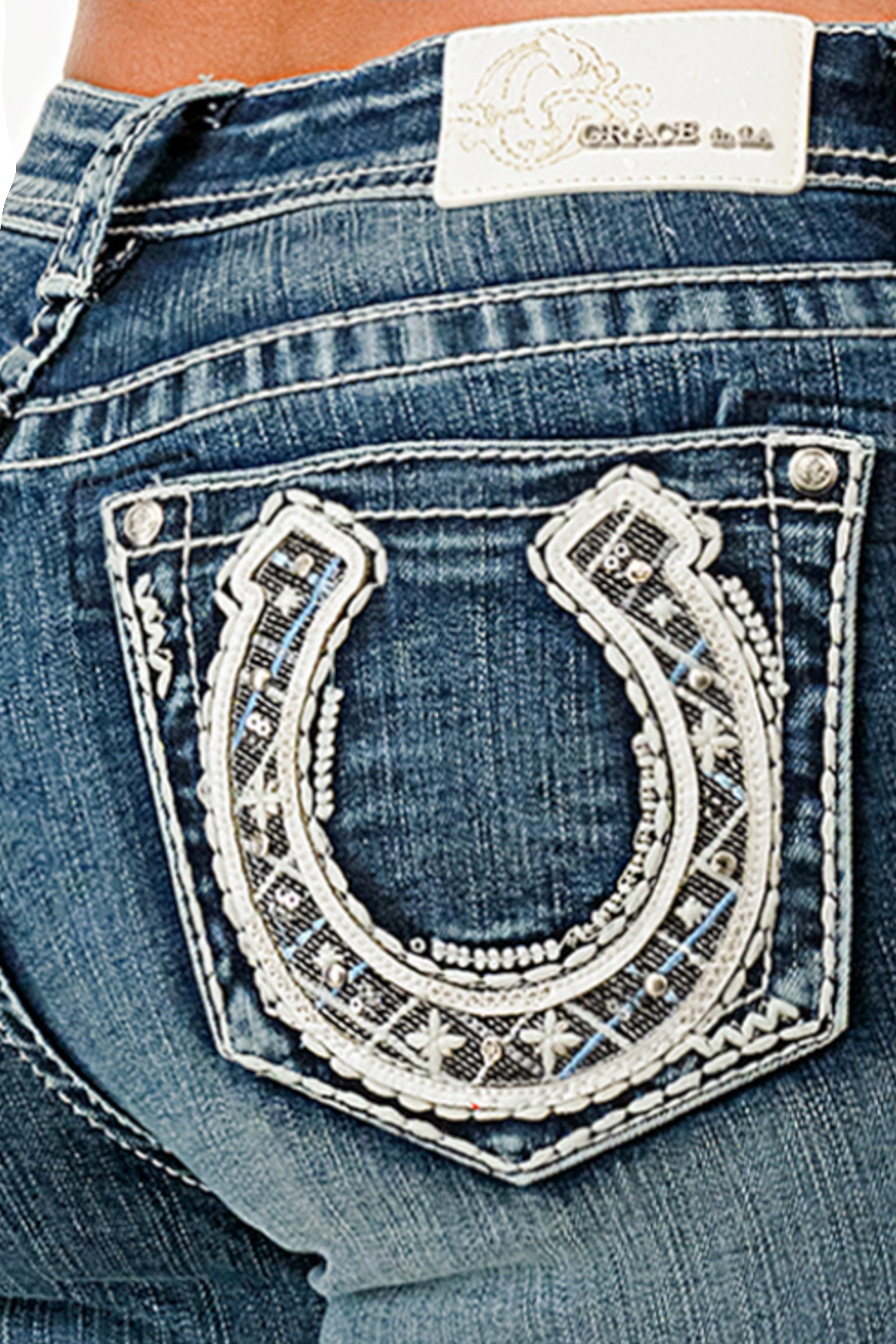 Horse Shoe Mid Rise Embellished Bootcut Jeans Grace in LA