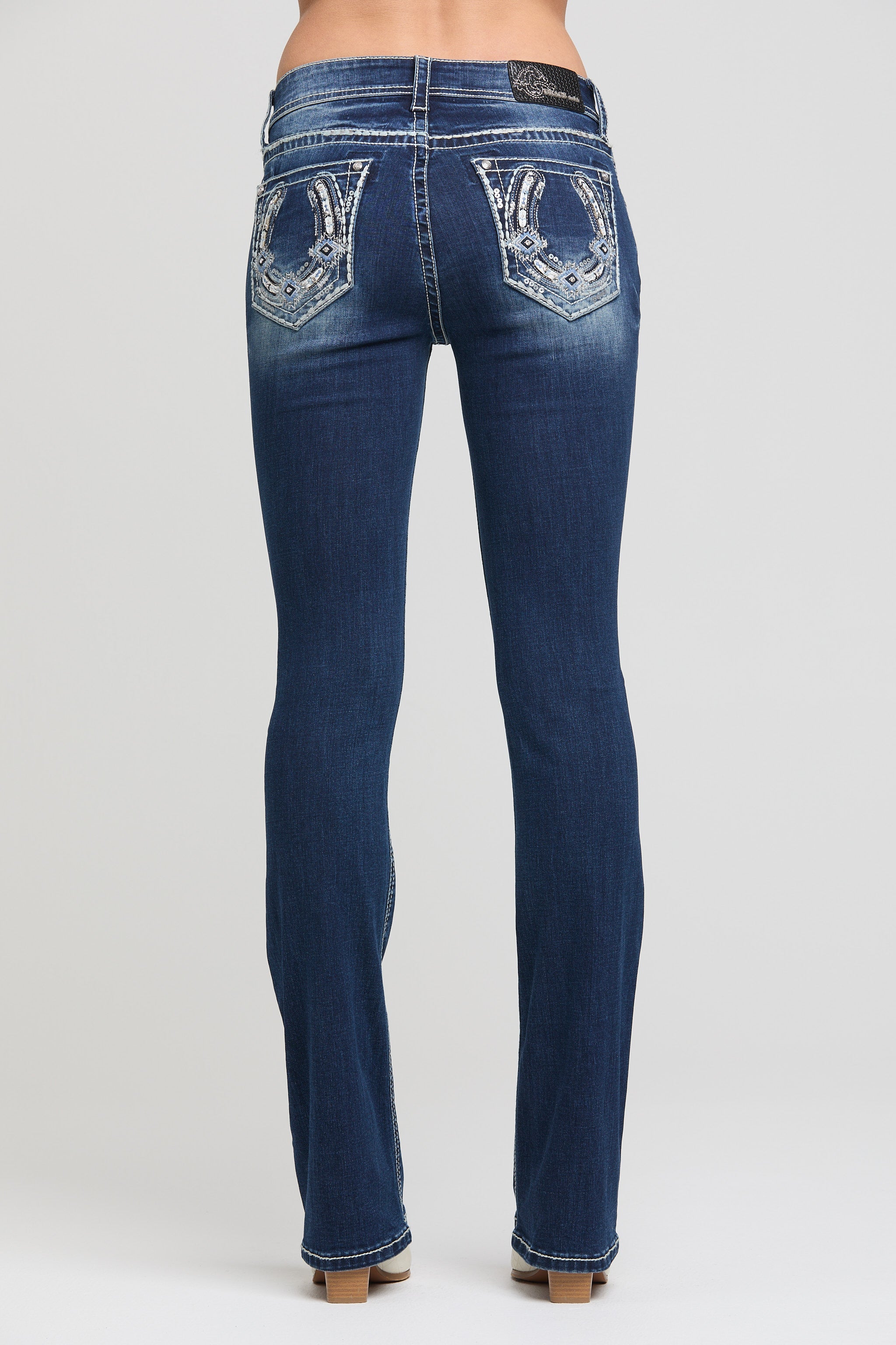 Grace in LA Women's Bootcut Jeans with Western Horseshoe Embroidery on Back Pockets - Slim Fit Dark Wash Denim