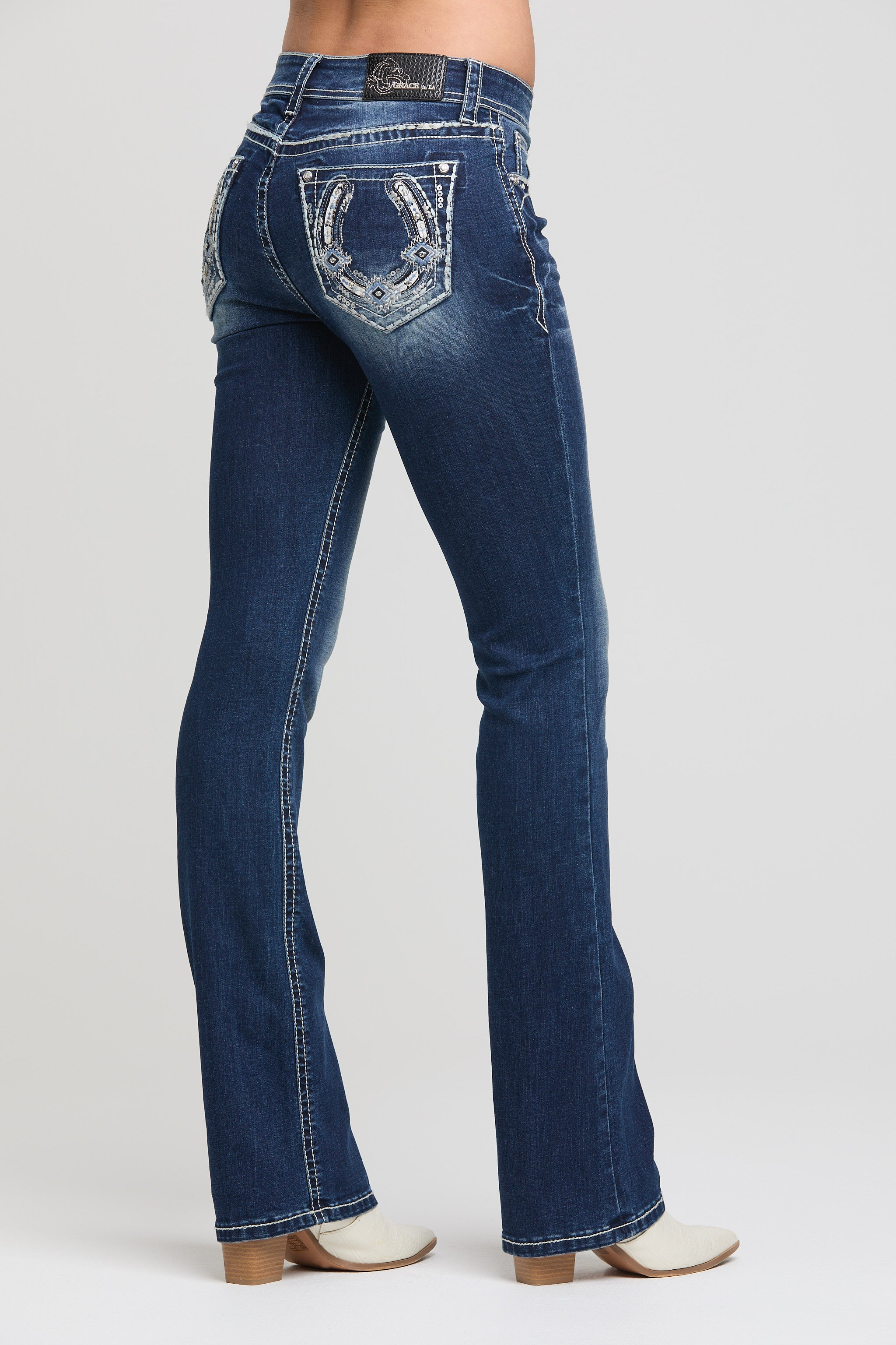 Women's Embroidered Bootcut Jeans by Grace in LA - Back View with Double Horseshoe Pocket Detail