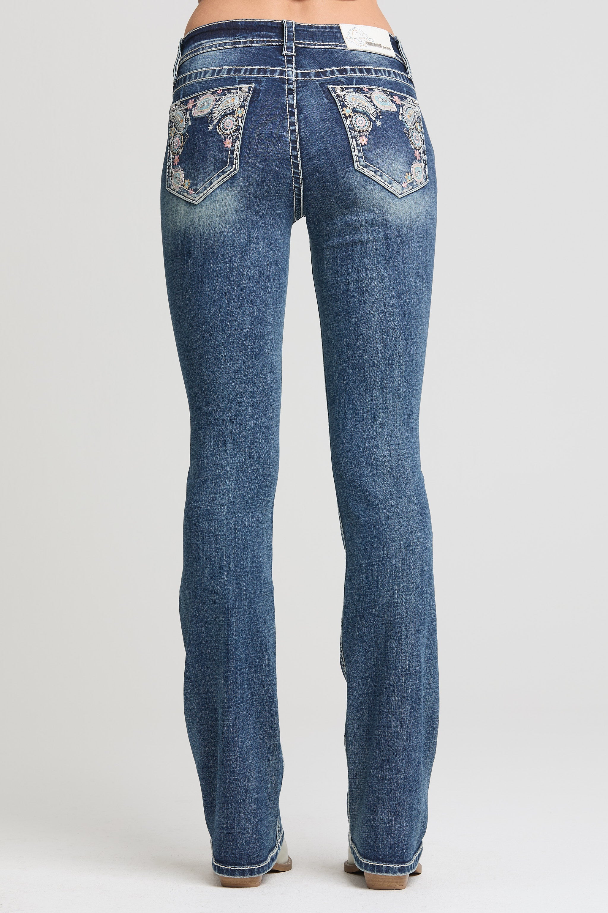 Grace in LA women’s dark wash bootcut jeans with floral embroidered back pockets