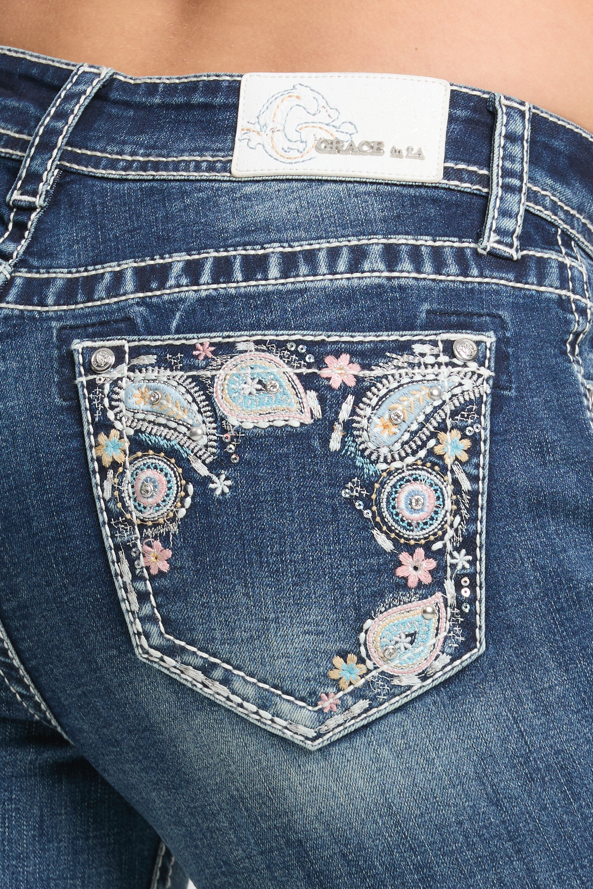 Grace in LA women’s dark wash denim jeans with floral paisley embroidered back pocket detail