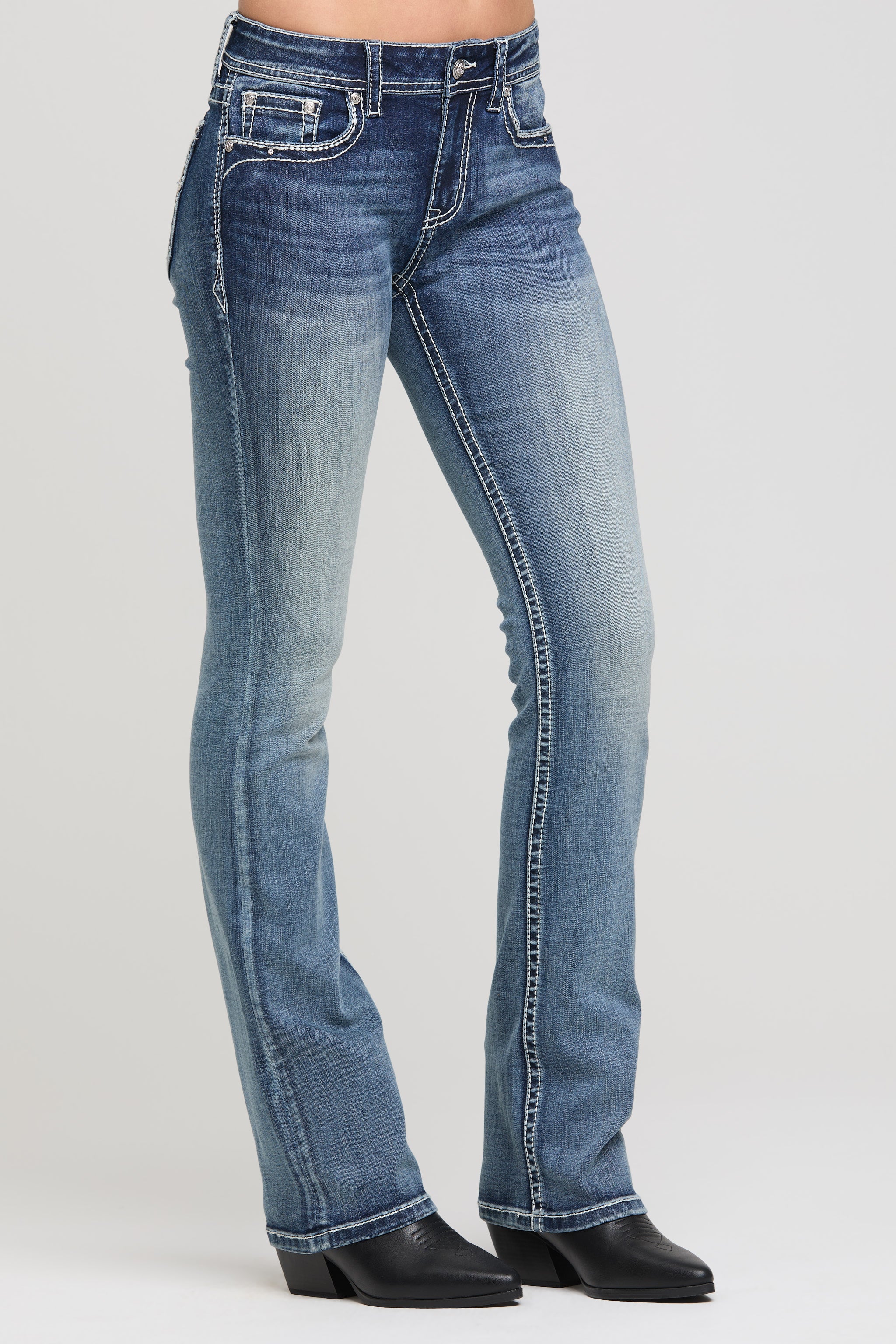 Grace in LA Women's Bootcut Jeans -Side View Medium Wash Denim with Western Style Embellished Pockets