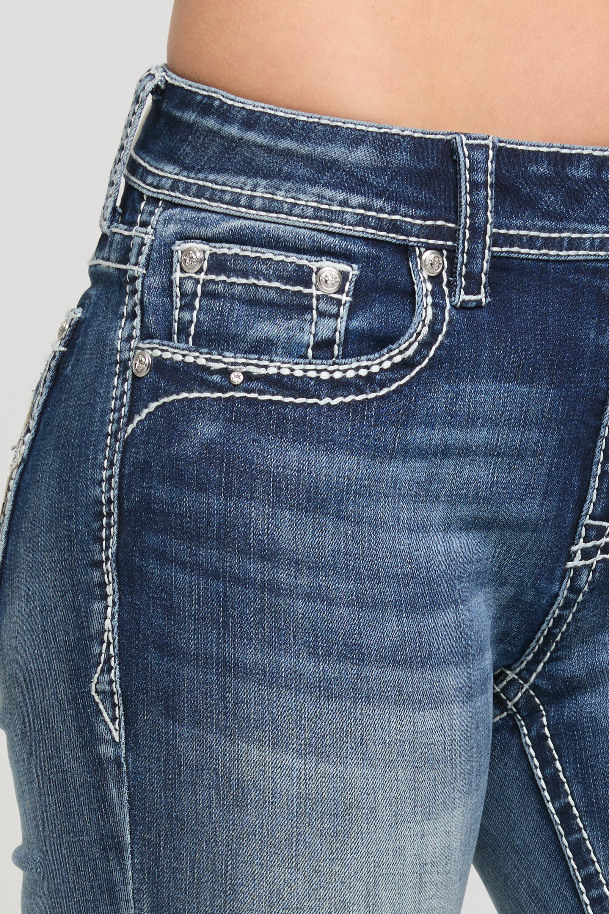Grace in LA Women's Western Jeans Close-up of Front Pocket with Intricate White Stitching and Rhinestones