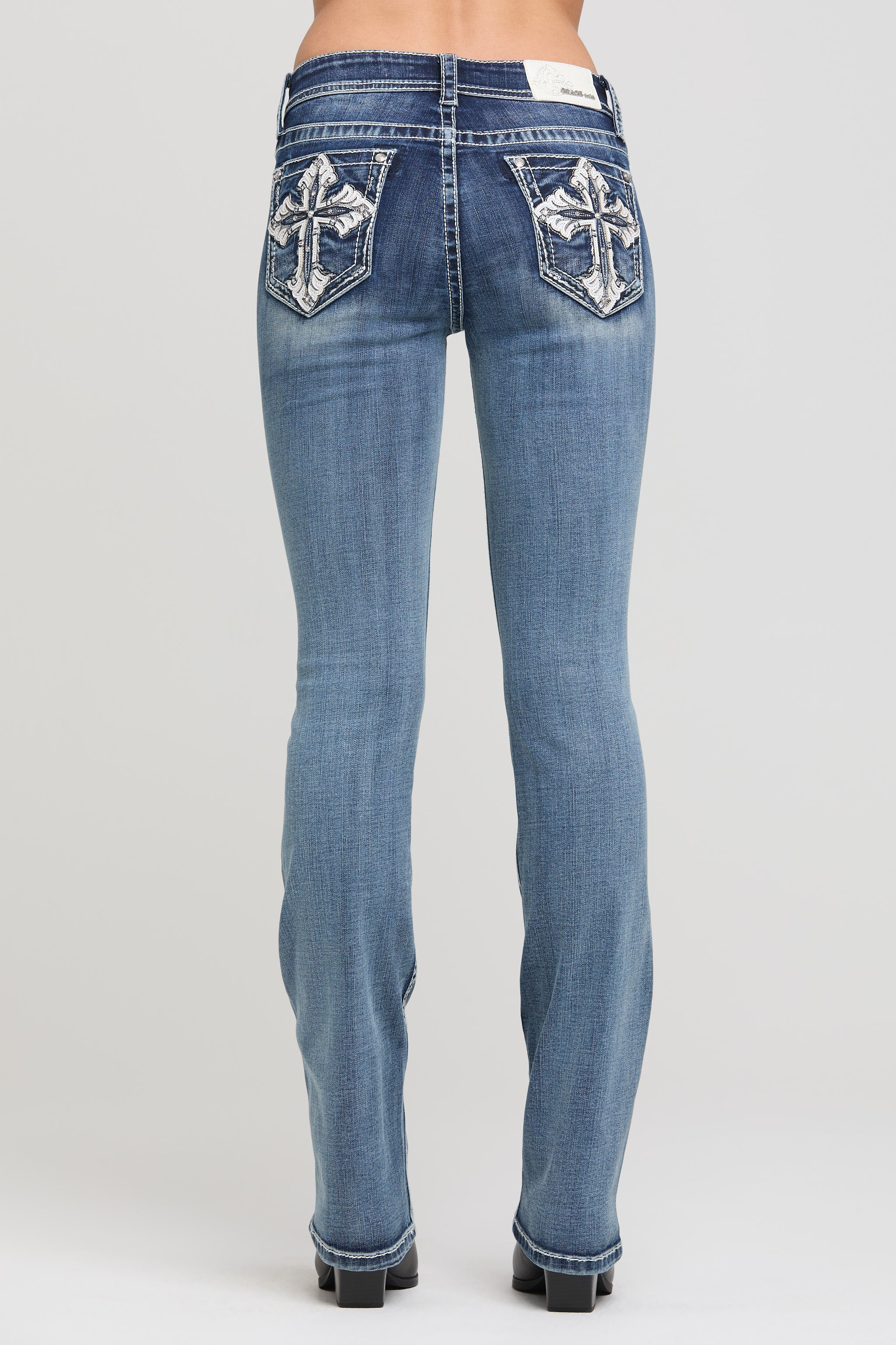Grace in LA Women's Bootcut Jeans with Large Embroidered Cross Pockets - Full Back View Western Style