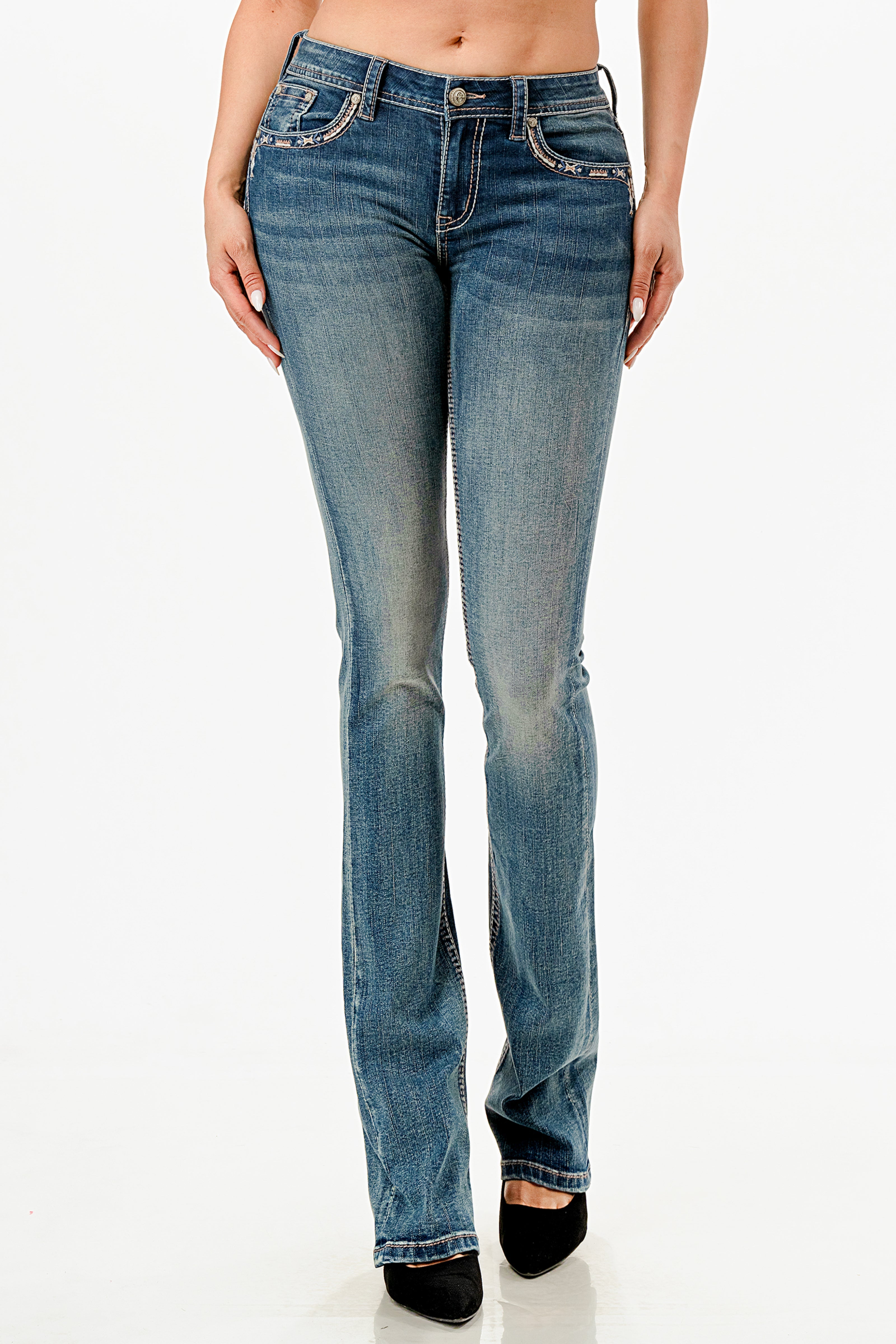 Steer Head Tan Stiches Mid Rise Bootcut Embroidered Jeans Grace in LA