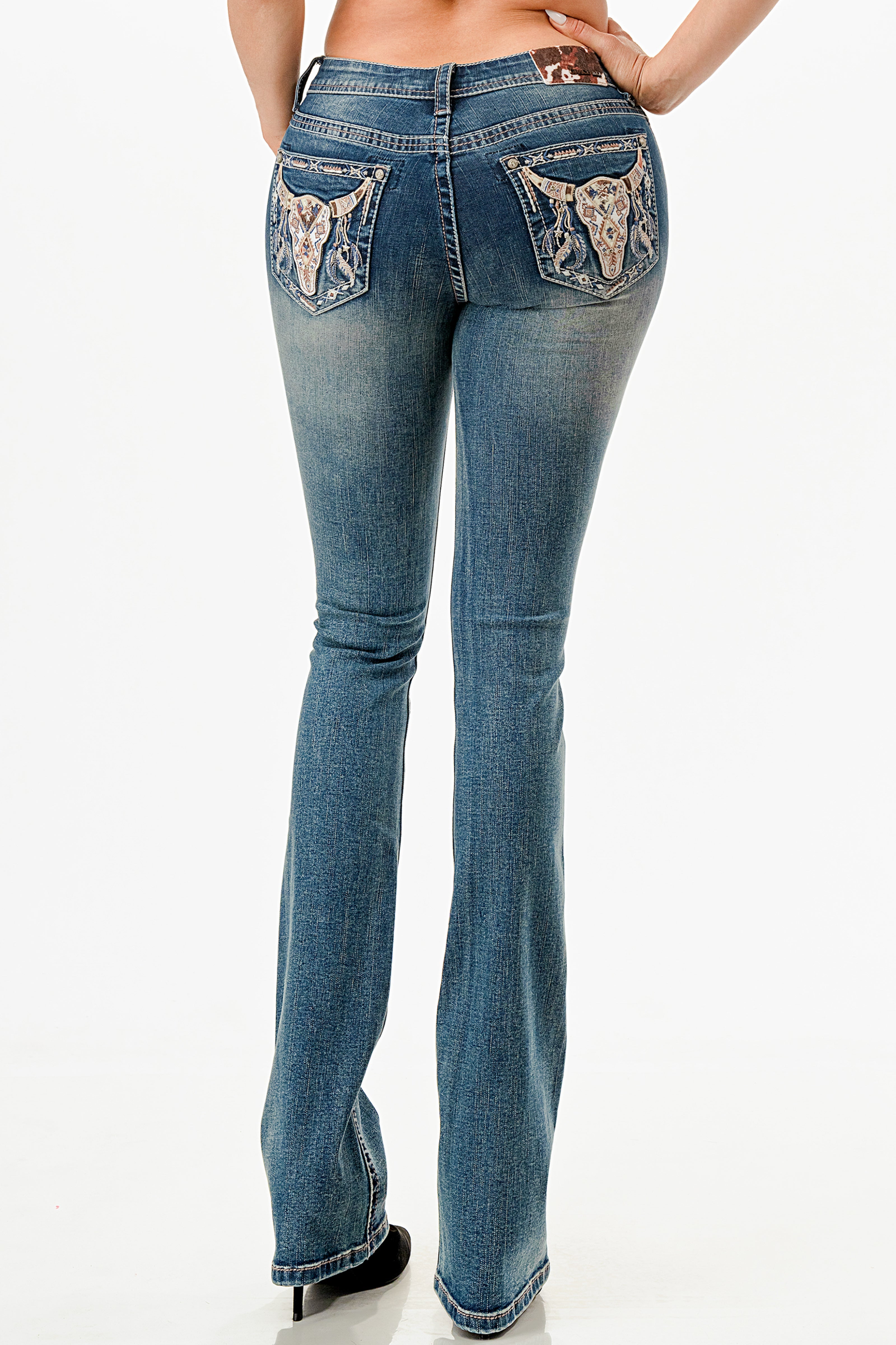 Steer Head Tan Stiches Mid Rise Bootcut Embroidered Jeans Grace in LA