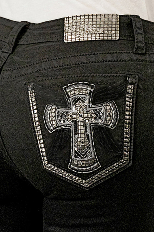 Grace in LA bedazzled jeans women in a sleek black denim finish featuring large rhinestone cross patches on the back pockets.