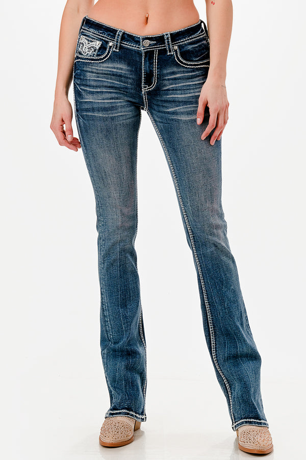 Grace in LA womens bootcut jeans with whiskered medium wash and rhinestone front pocket trim.