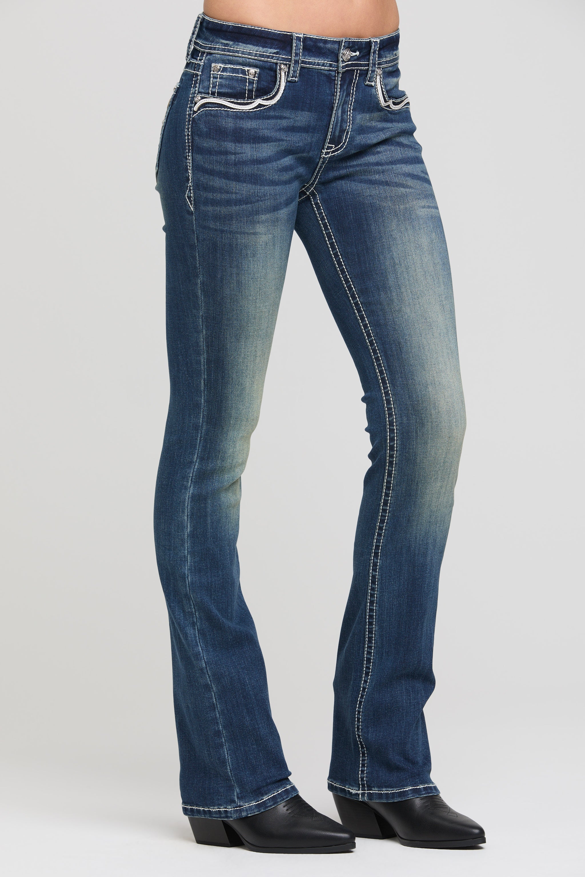 Grace in LA Women's Bootcut Jeans - Side View Medium Wash Denim with Western Style Embellished Pockets