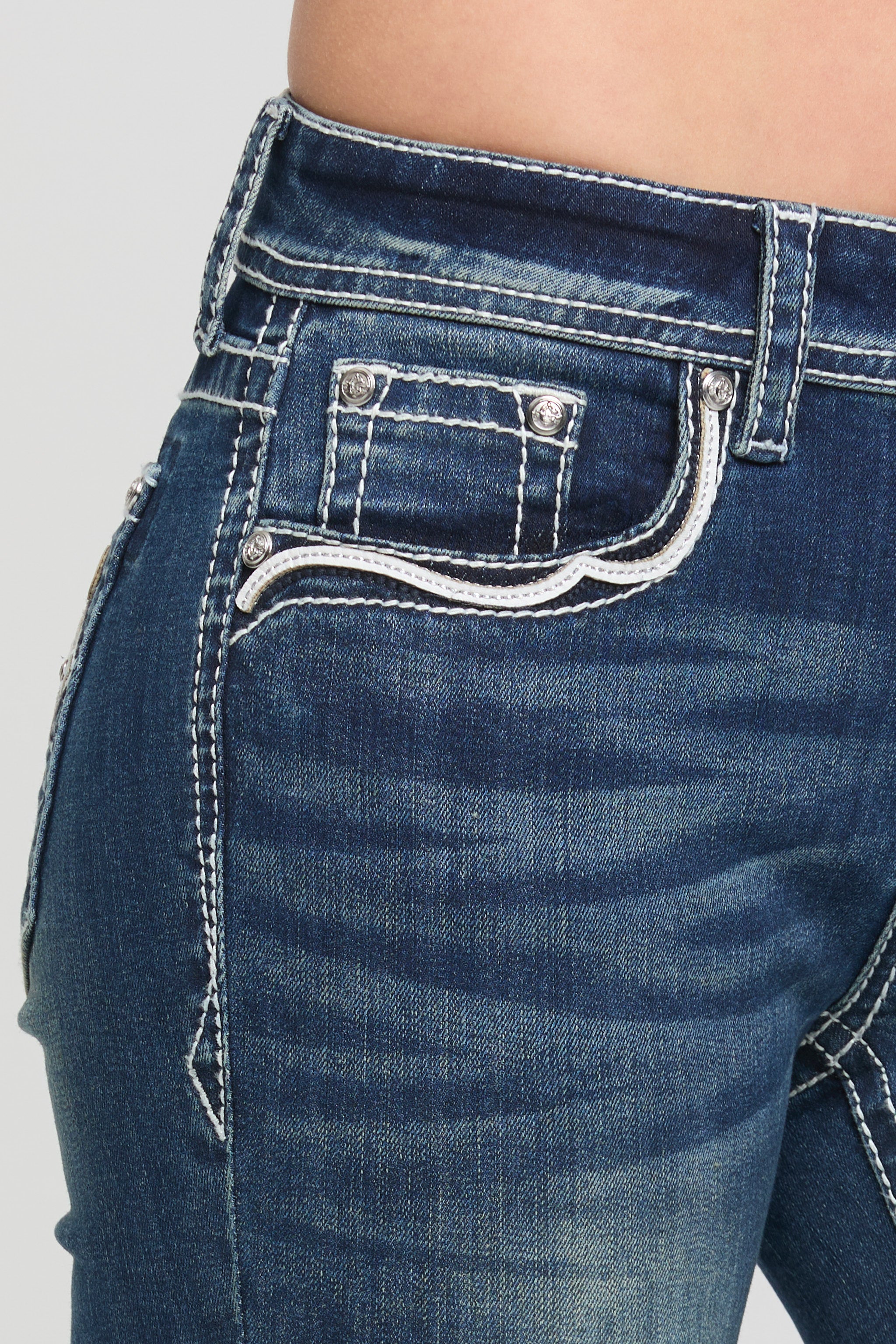 Grace in LA Women's Western Jeans - Close-up of Front Pocket with White Decorative Wave Stitching and Rhinestones