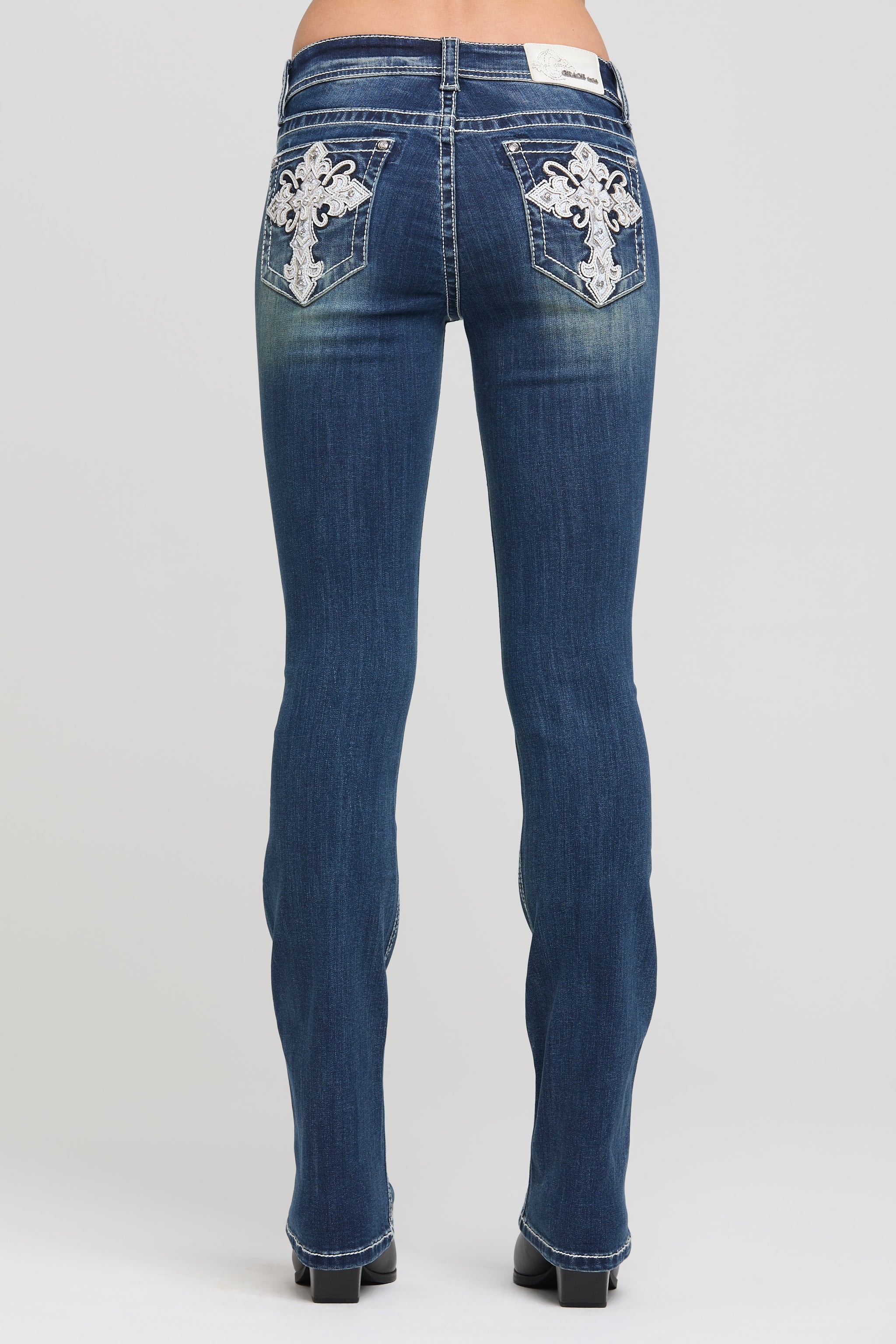 Grace in LA Women's Bootcut Jeans with Double Embroidered Cross Patches - Full Back View Western Style