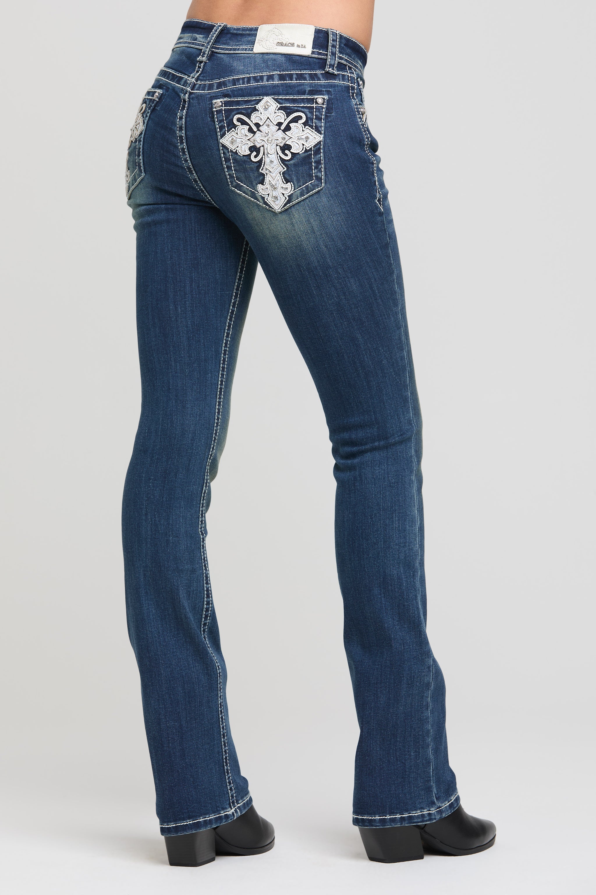 Grace in LA Women's Bootcut Jeans with Large Embroidered Cross Patch - Back View Western Style Denim