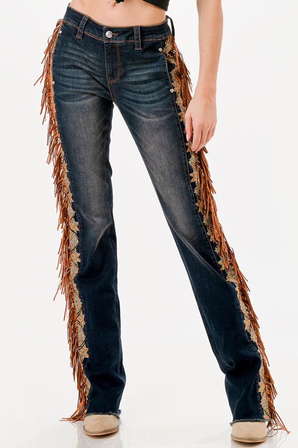 Grace in LA flare jeans for women with long brown western fringe and lace trim along the side seams.