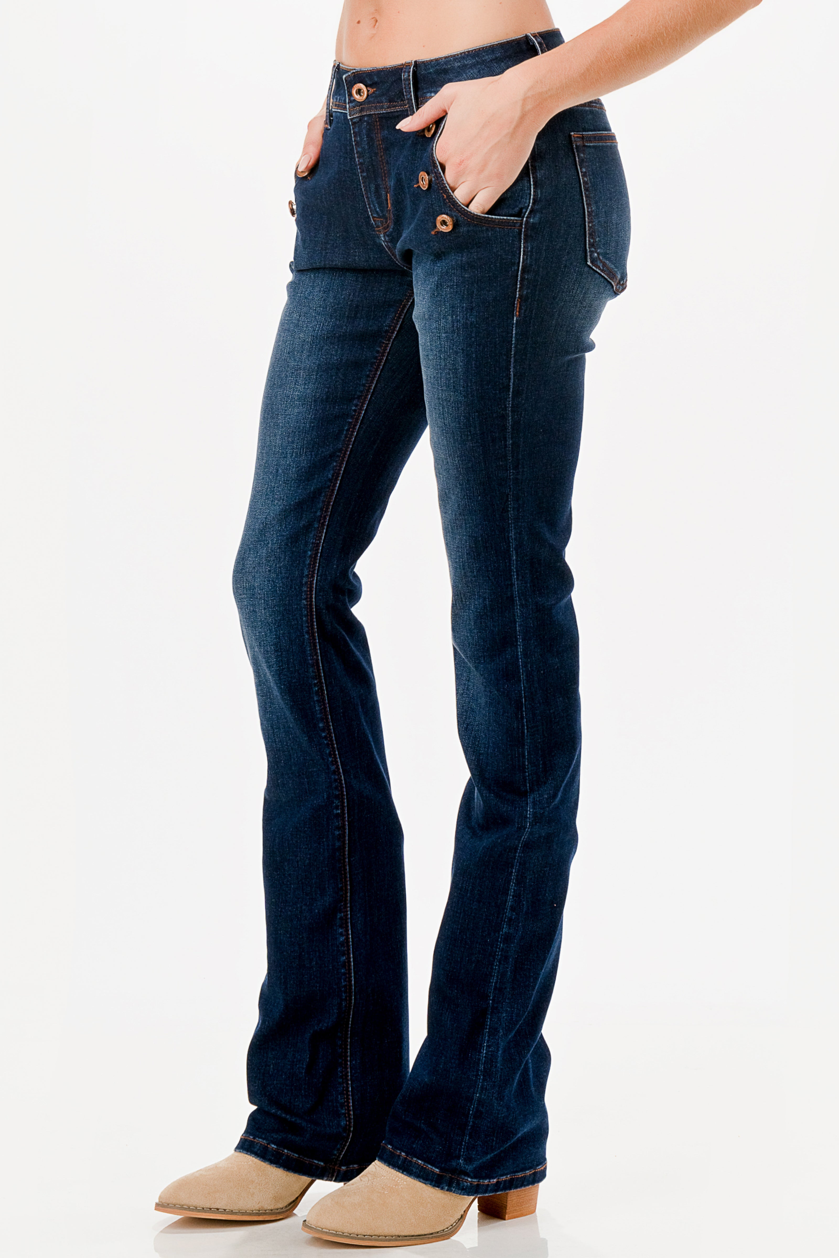 Grace in LA cowgirl jeans for women in a dark flare fit with unique button-front pocket detailing.