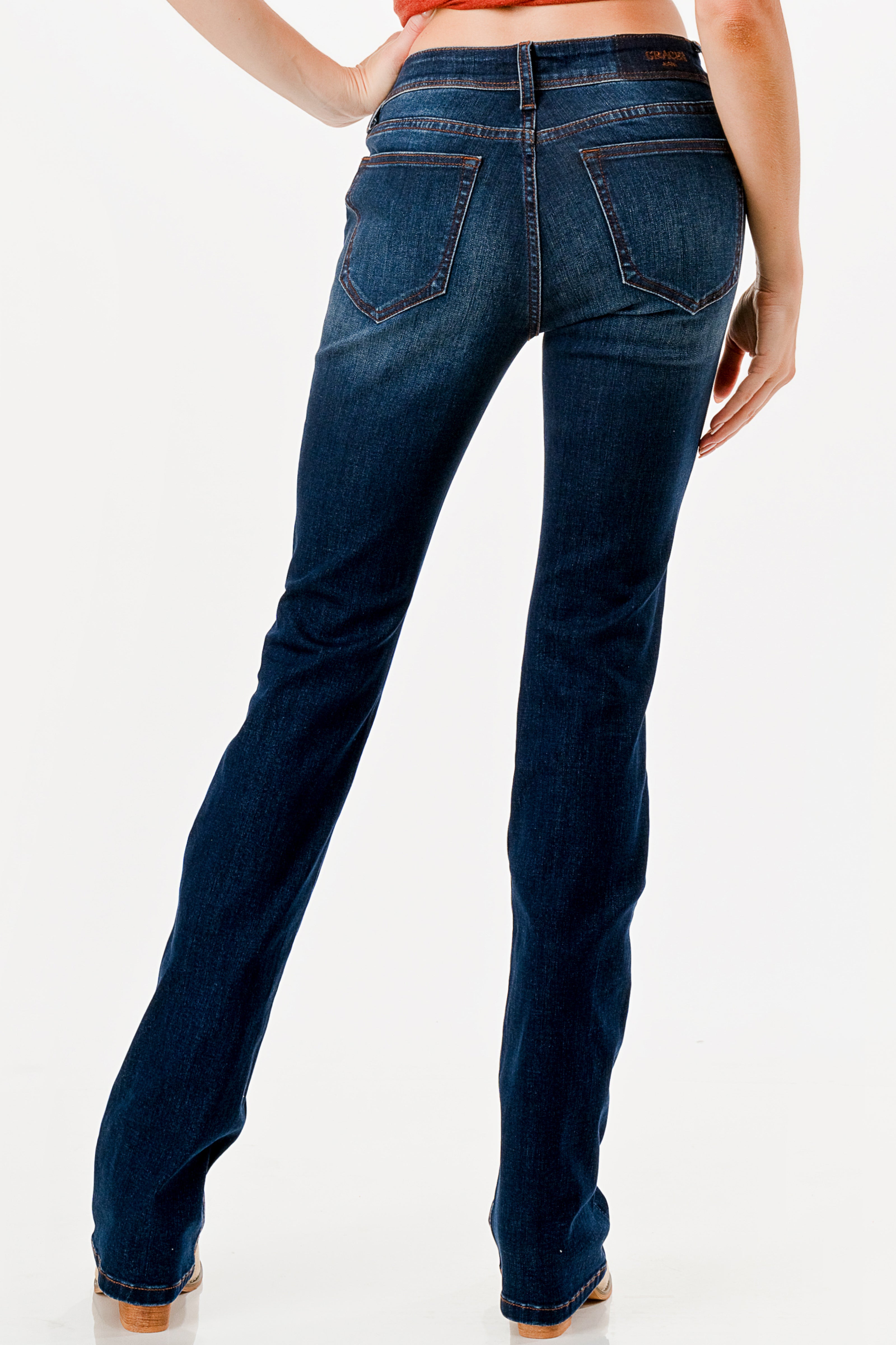 Grace in LA womens bootcut jeans in a medium blue with signature white western embroidery on the front pockets.