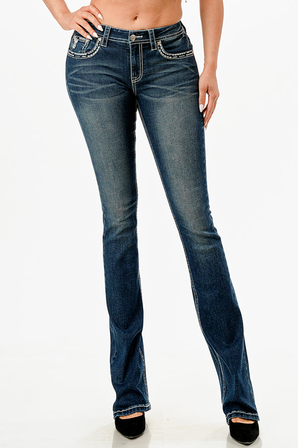 Grace in LA embroidered jeans women featuring a cream floral yoke and flap pocket designs with a branded gold metallic waist patch.