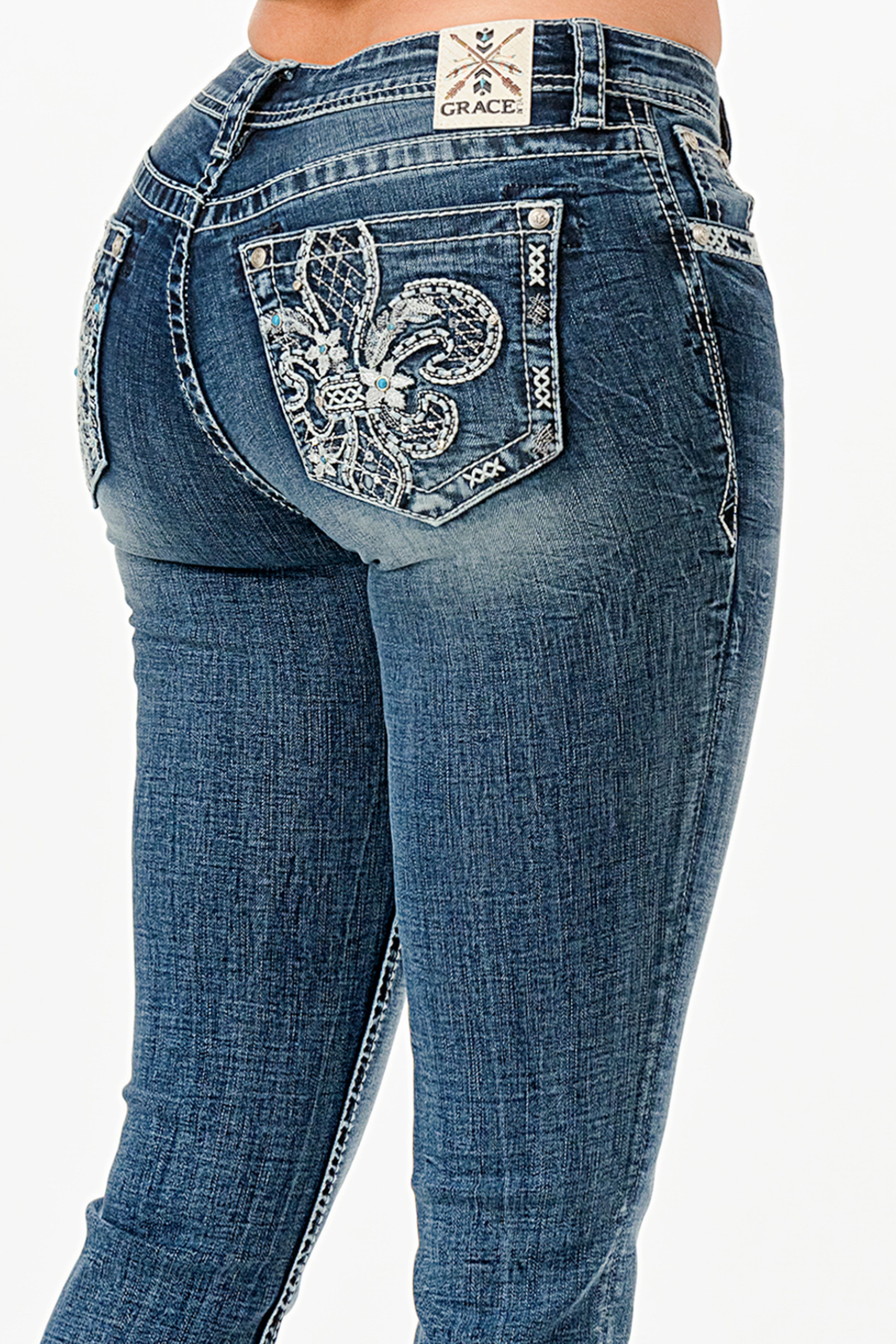 Flu De Lee Embellished Mid Rise Bootcut Jeans Grace in LA