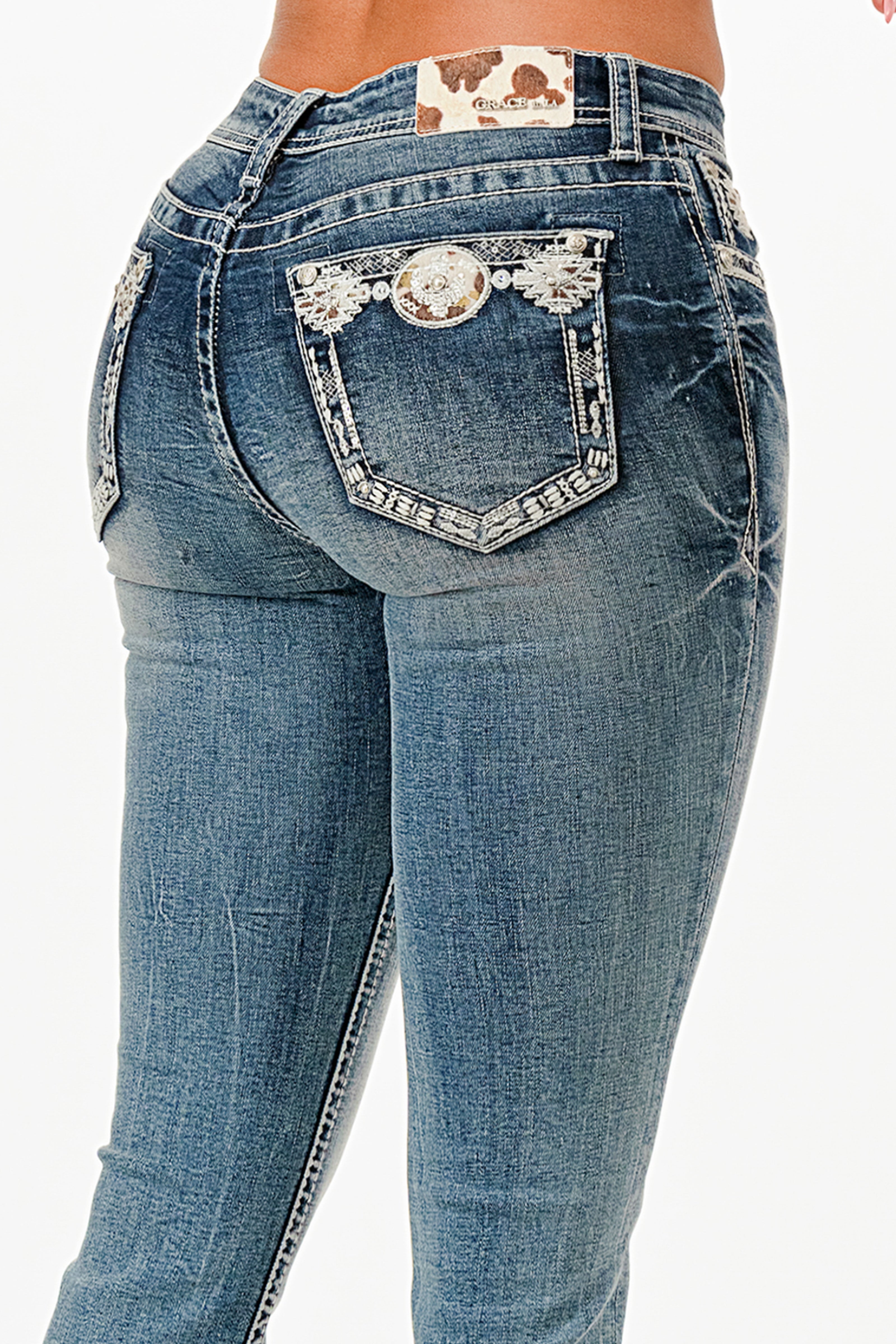 Western Concho Belt Mid Rise Embellished Jeans