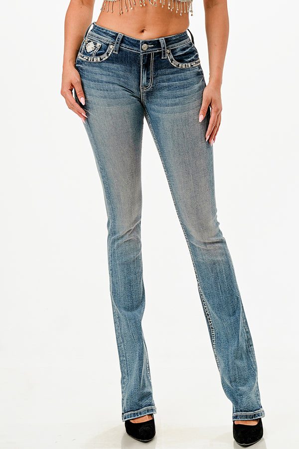 Western Concho Belt Mid Rise Embellished Jeans