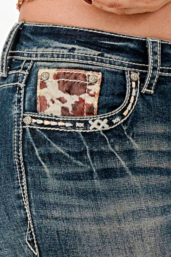 Grace in LA western jeans for women featuring a cowhide print coin pocket and thick decorative contrast stitching.