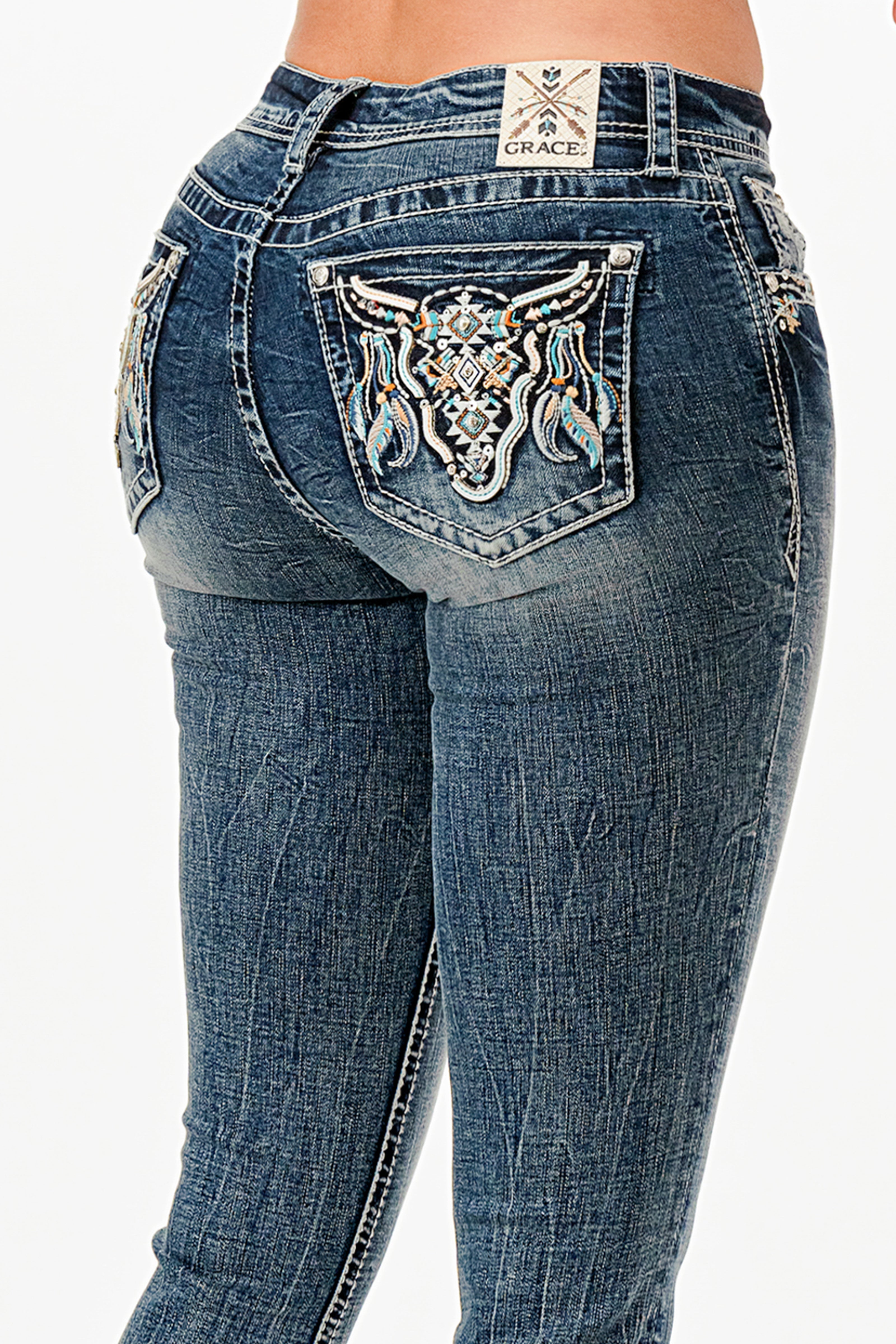 Cattle Feather Embellished Mid Rise Capri Jeans Grace in LA - Denim