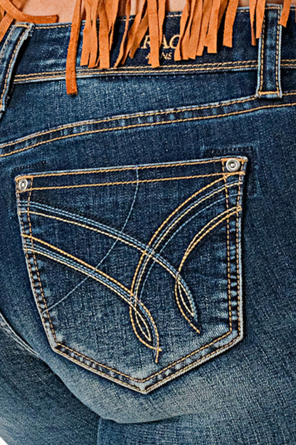 Grace in LA western jeans for women featuring orange fringe detailing and decorative triple-arch stitching on the back pockets.