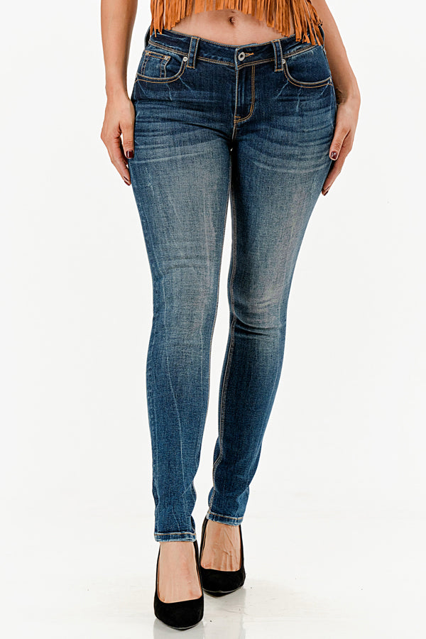 Grace in LA western jeans for women featuring a dark indigo wash with natural whiskering and a slim fit silhouette.