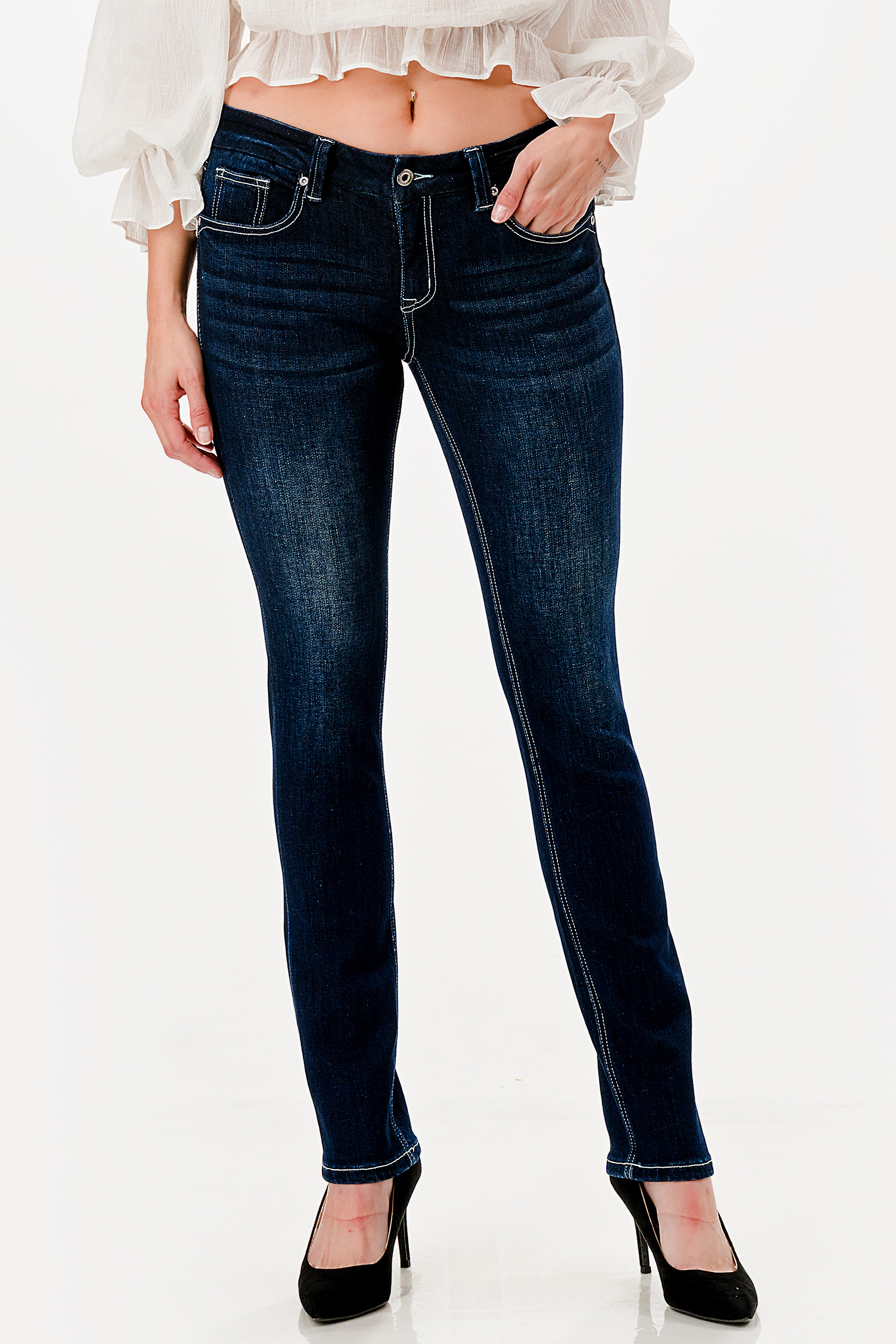 Grace in LA womens bootcut jeans in a dark wash with subtle whiskering and decorative contrast stitching on the front pockets.