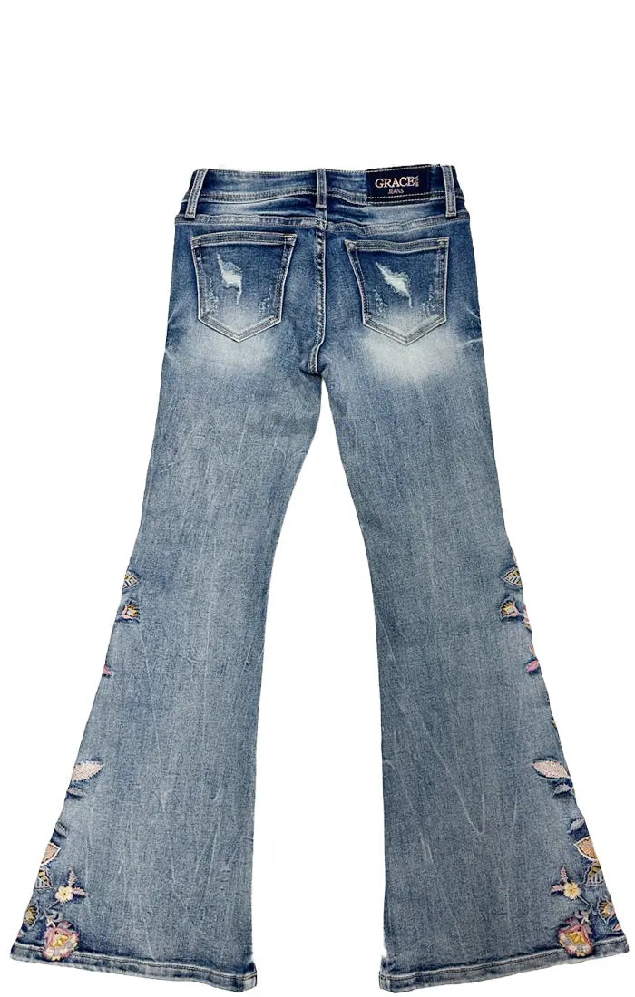Embroidered Light Blue Floral Motif Girls Flare Jeans Grace in LA GIRLS